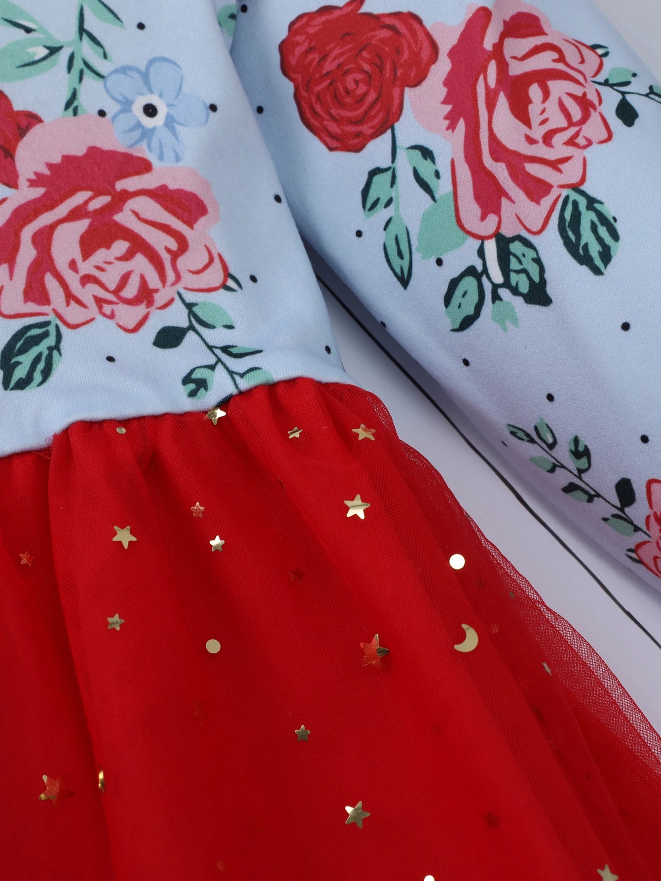 Valentine's Day Gift for Girls red Rose Print Red Tulle Dress Long Sleeve Ruffle Casual 2-7Y
