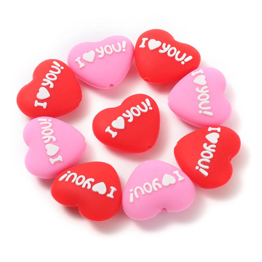 10Pcs Valentine's Day Silicone Teether Beads 25x28mm Pink Red Heart-Shape Focus Beads DIY Pacifier Chain Bracelet Jewelry Making