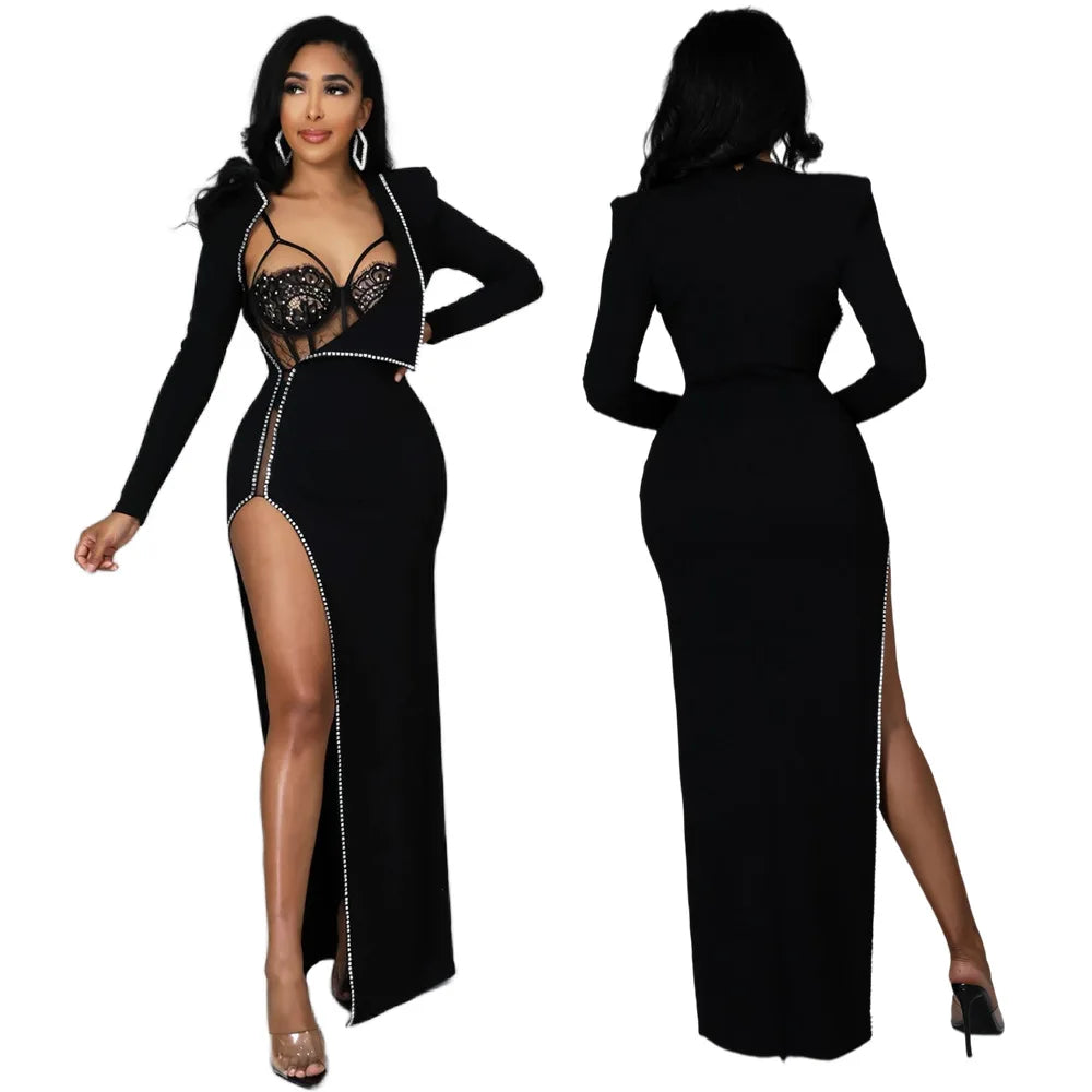 Women's Dress Suit Sexy Lace Two Piece Set Bodysuits With Skirt Elegant Solid V Neck Official Lady Sets New Outfit Party Dresses