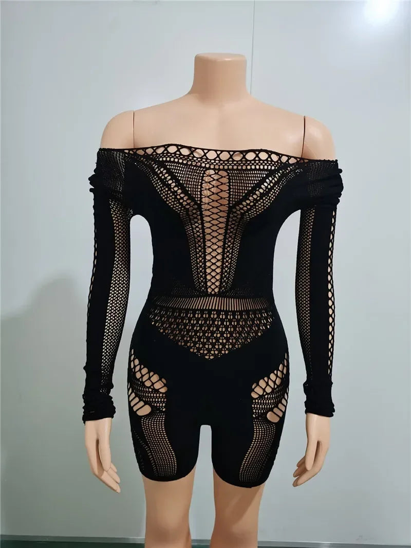 Women Sexy Black White Club Outfits Jumpsuit for Women Long Sleeves Mesmerizing Mesh Hollow Stretch Short Rompers