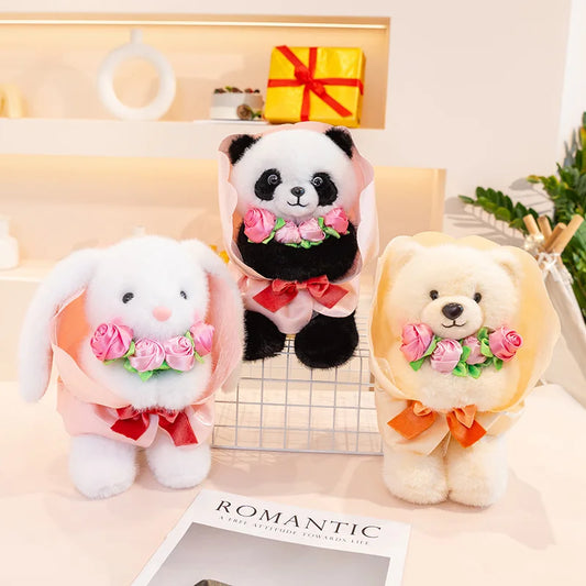 Valentine's Day Bouquet Cute Rabbit Bear Panda Rose Flowers Soft Stuffed Plushies Dolls Valentine's Day Gifts For Girls Wedding