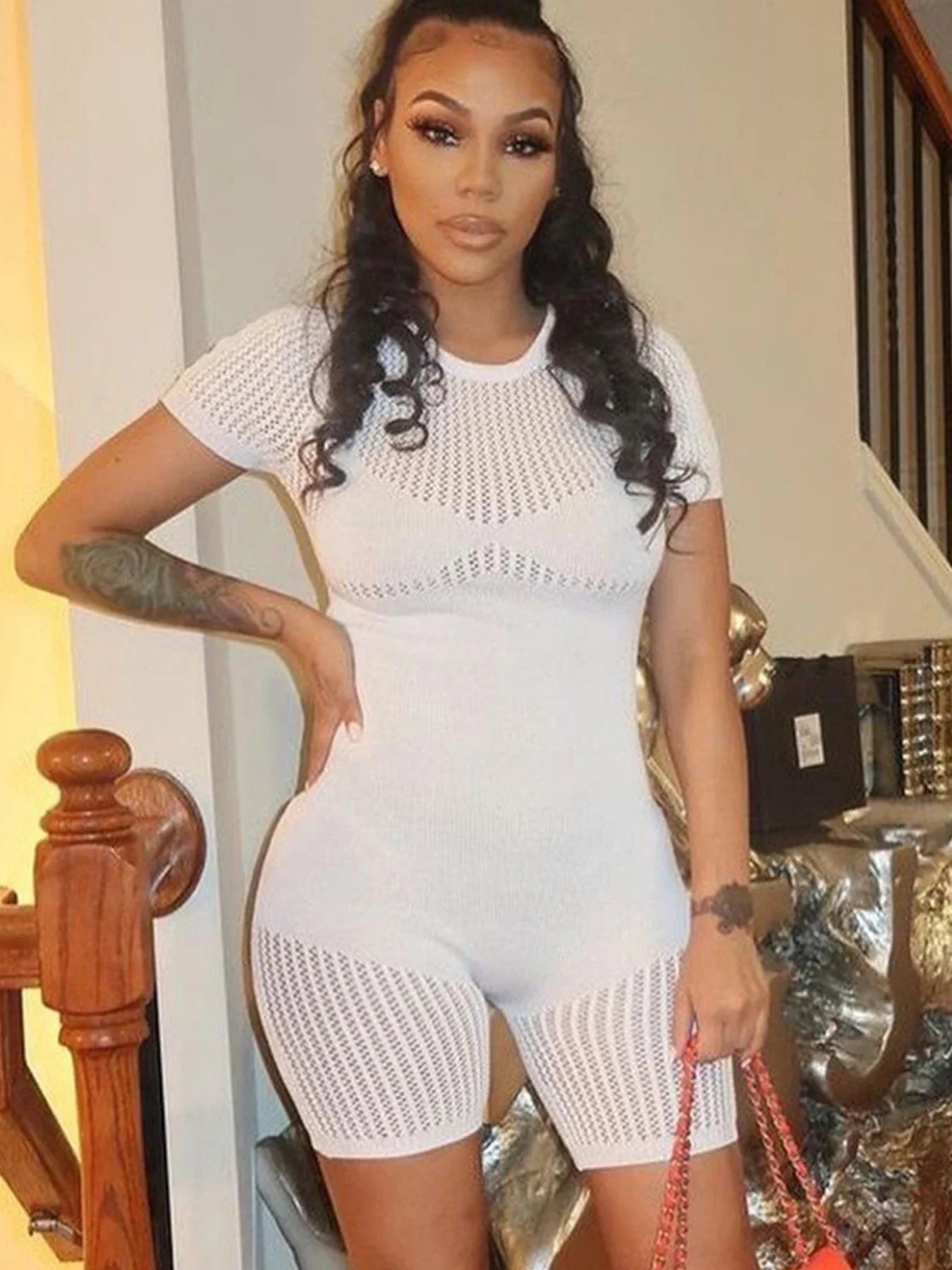 Women's Sexy Solid Color Long Sleeve See Through Outfit Sheer Mesh Hollow Out Short Romper Spring Summer Sexy Bodycon Jumpsuits