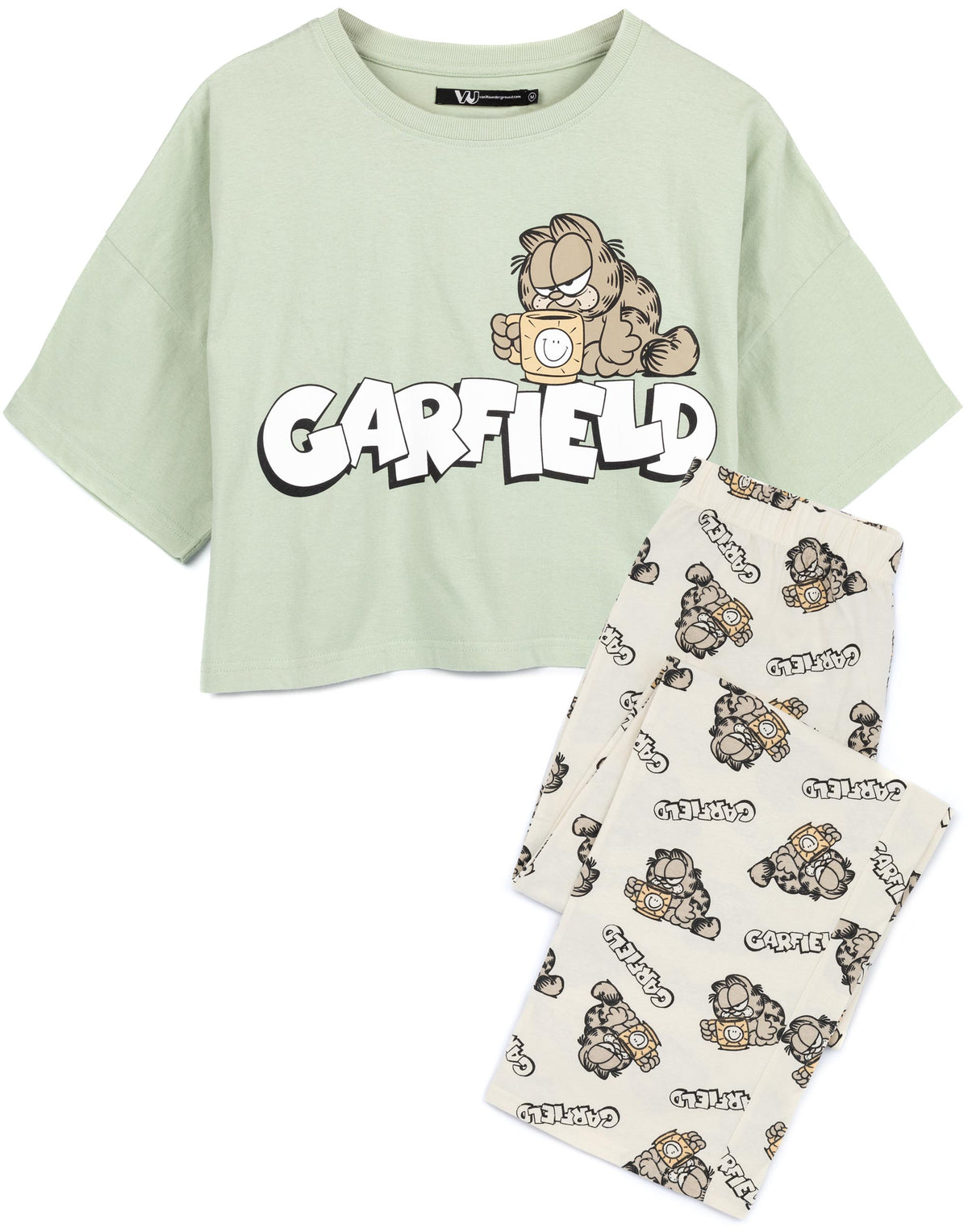 Garfield Short Sleeve Long Leg Pyjama Set | Womens Green/Oatmeal | Official Merc