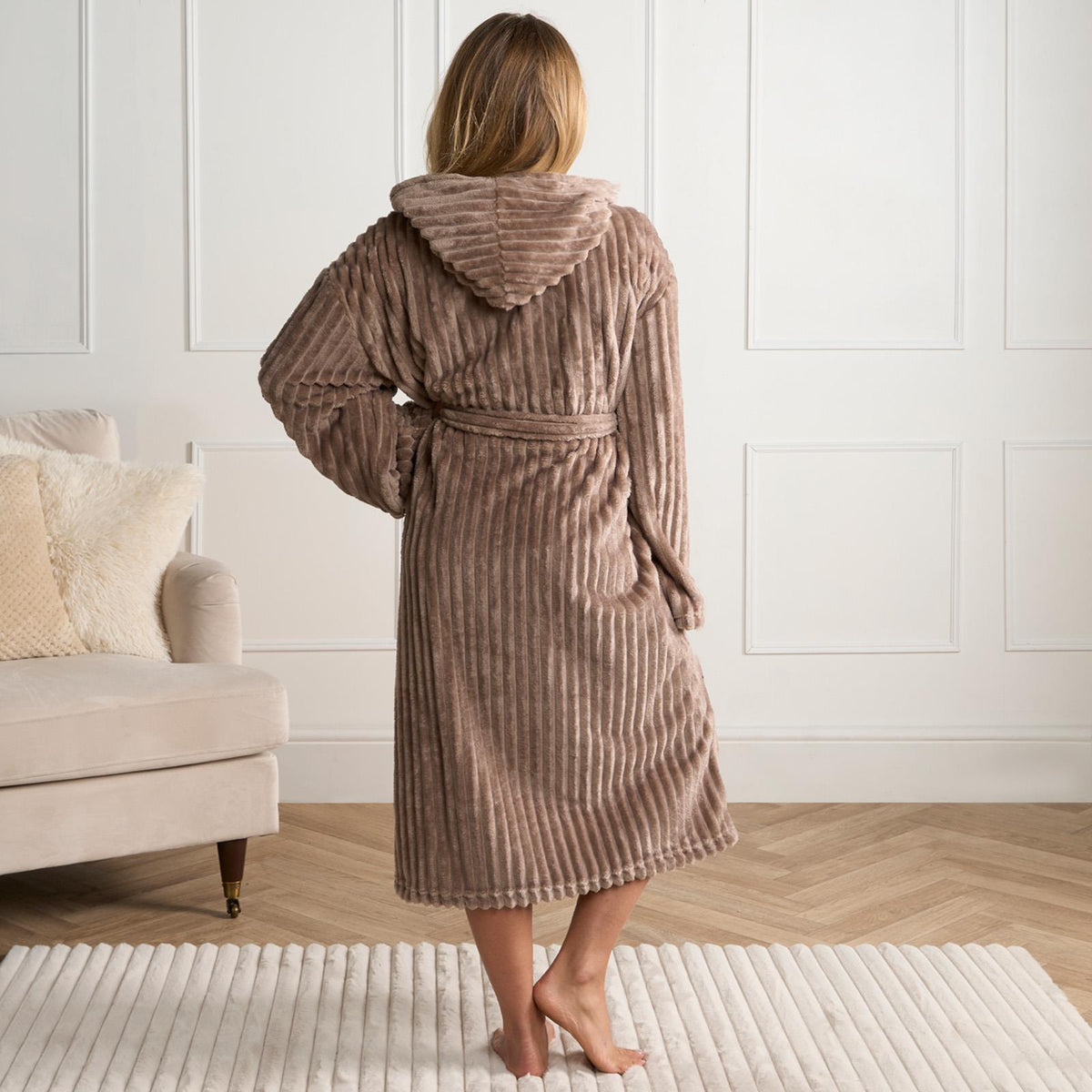 OHS Ribbed Fleece Dressing Gown Luxury Warm Supersoft Loungewear Ladies Robe