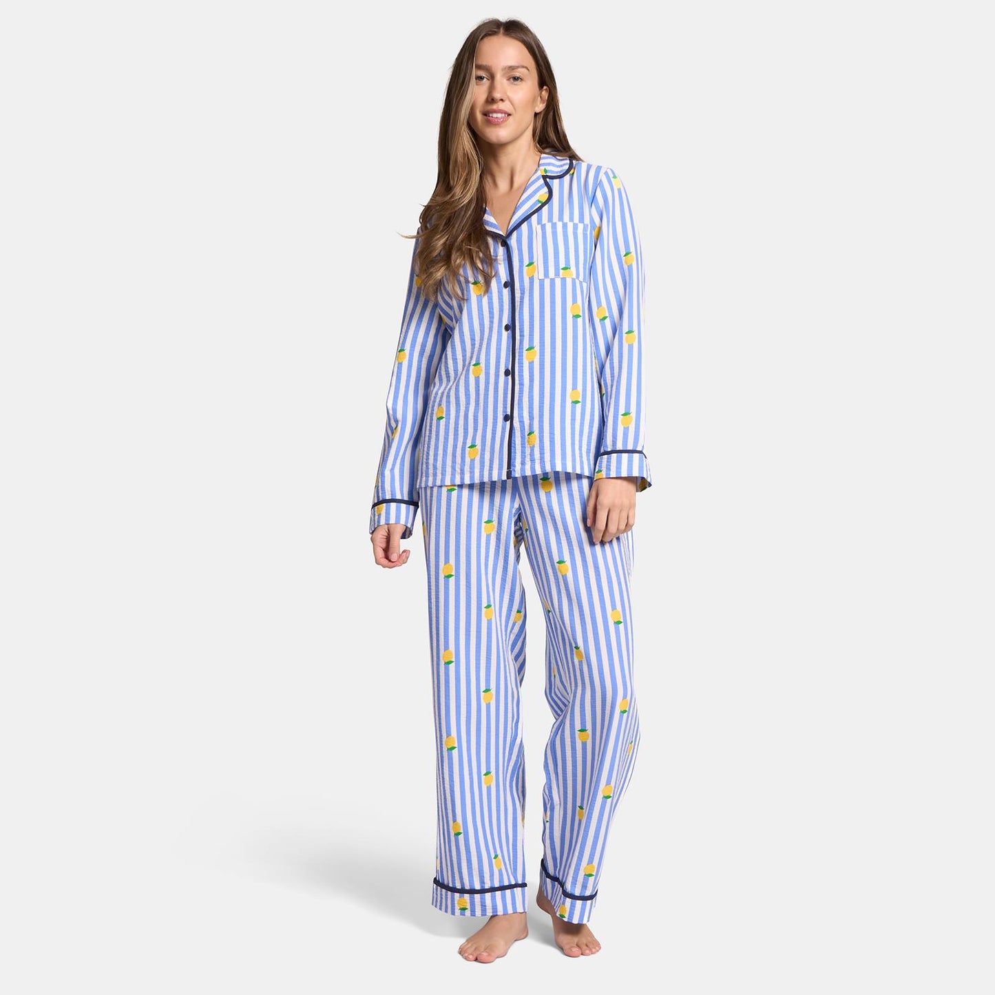 OHS Stripe Pyjama Set Womens Seersucker Button Through Soft Nightwear Loungewear