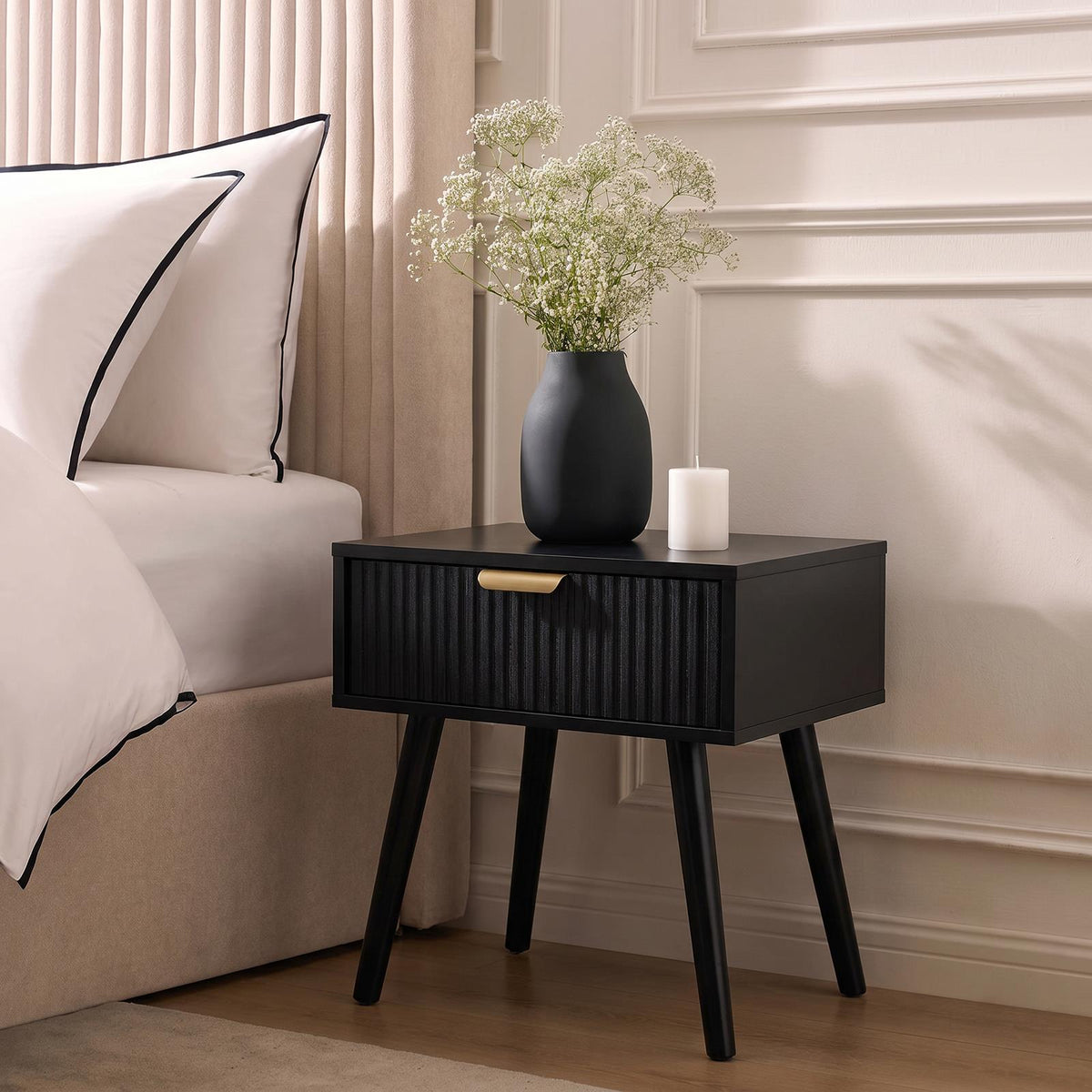 OHS Ribbed Bedside Nightstand 1 Drawer Storage Unit Wooden End Table