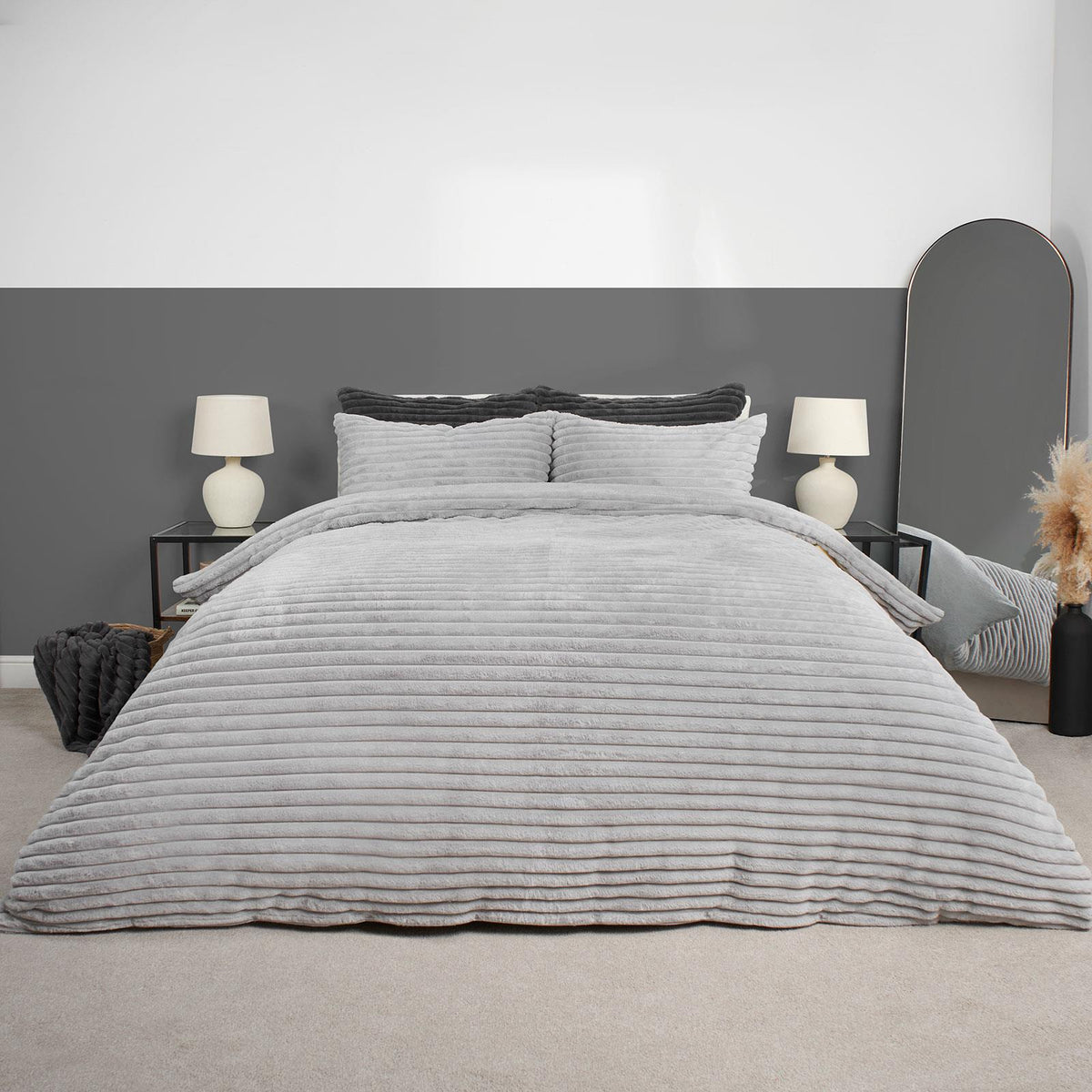 OHS Ribbed Fleece Bedding Set Soft Faux Fur Thermal Duvet Cover with Pillowcase