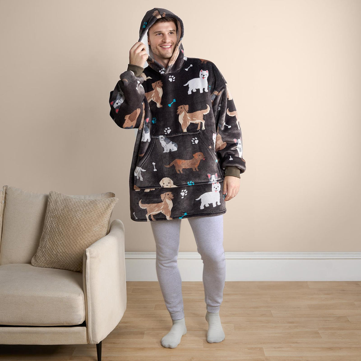 OHS Pet Print Loungewear Set Hoodie Blanket Sherpa Lined Fleece Winter Nightwear