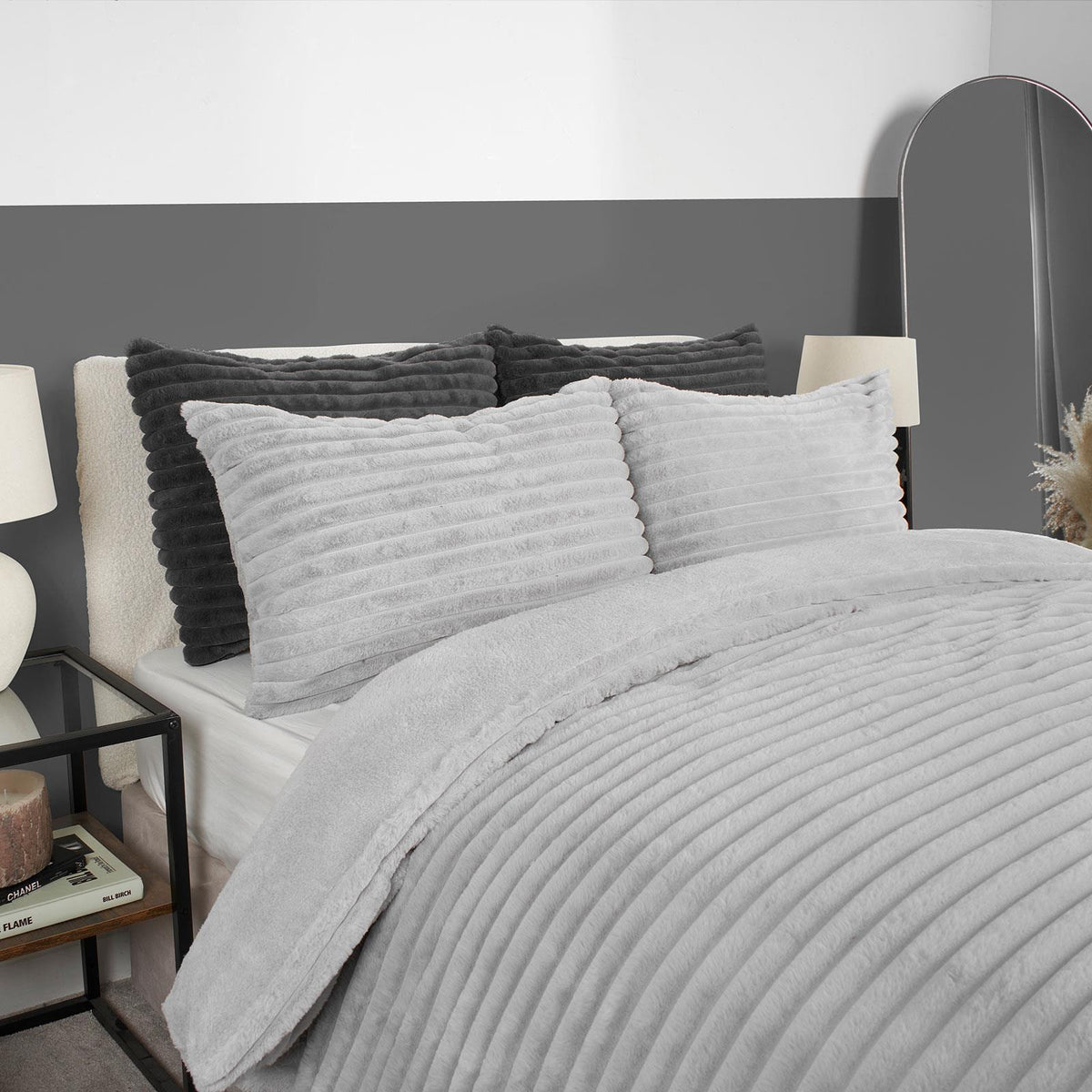 OHS Ribbed Fleece Bedding Set Soft Faux Fur Thermal Duvet Cover with Pillowcase