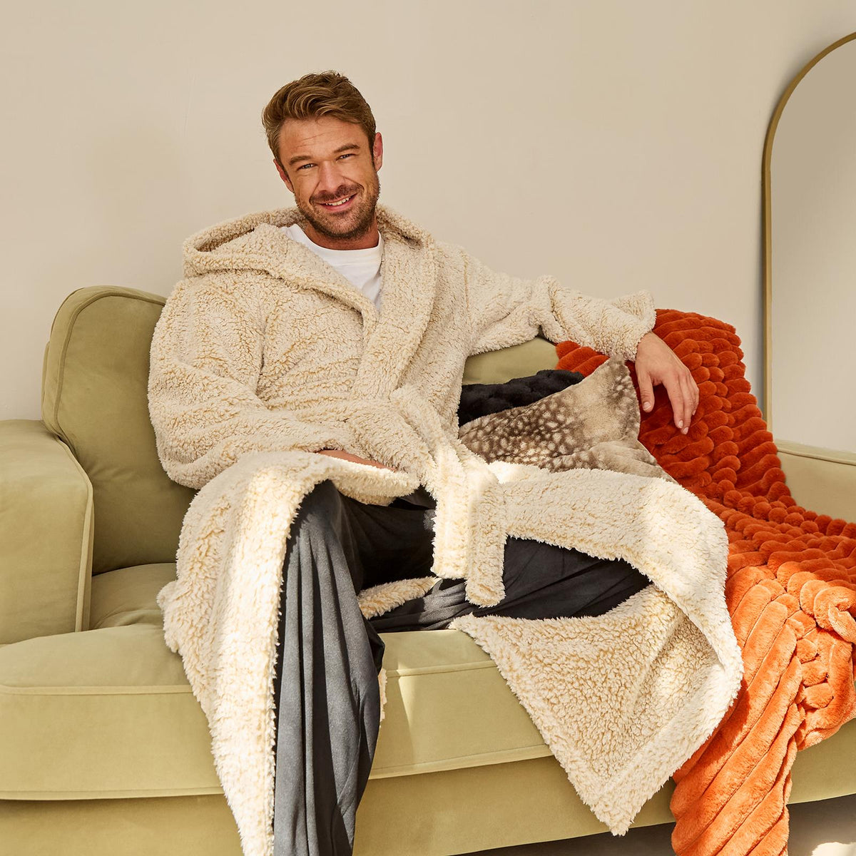 OHS Teddy Marl Fleece Soft Adults Dressing Gown Unisex Full-Length Robe