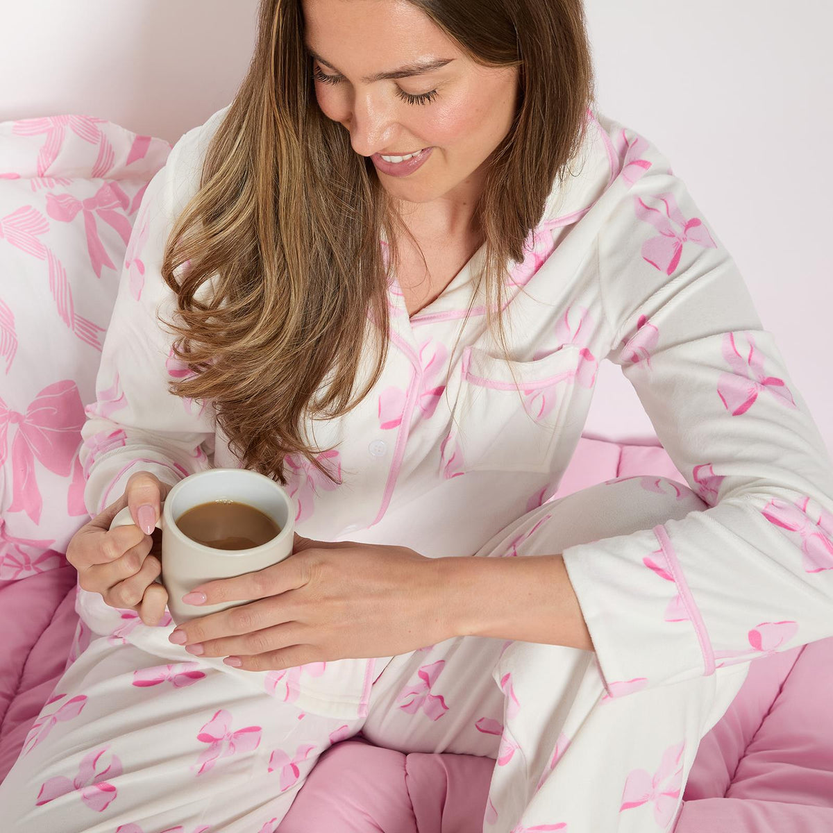 OHS Bows Pyjama Set Womens Button Through Baby Fleece Loungewear Nightwear