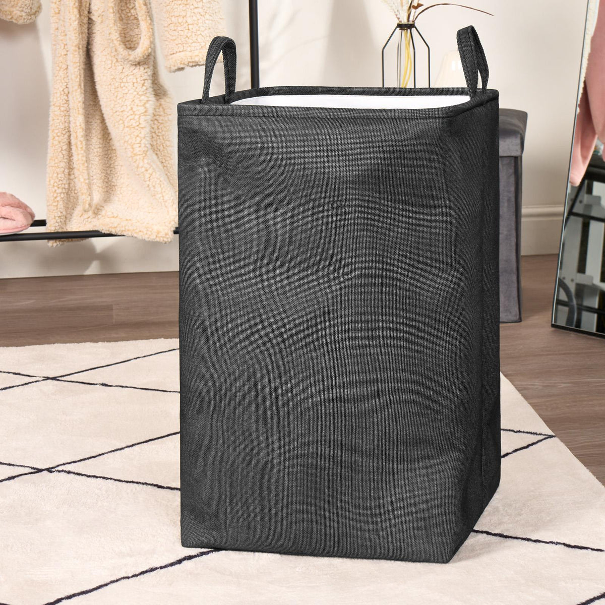Laundry Basket Bag Foldable Drawstring Clothes Bin Organiser Faux Linen Handles