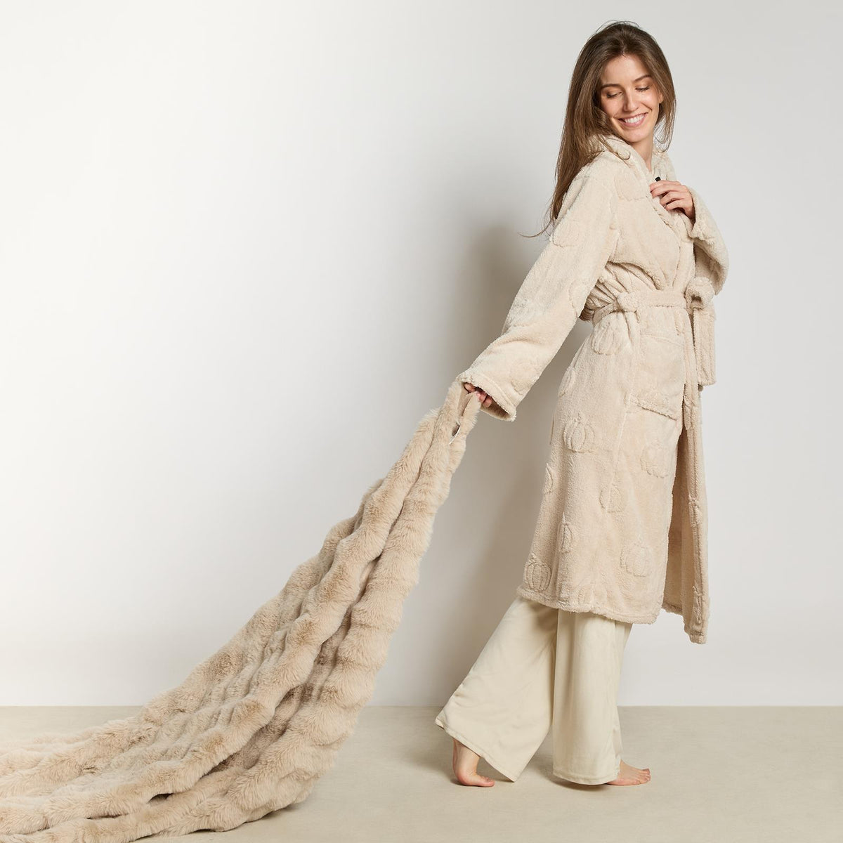 OHS Tufted Dressing Gown Soft Fleece Robe Thermal Bathrobe Hooded Loungewear
