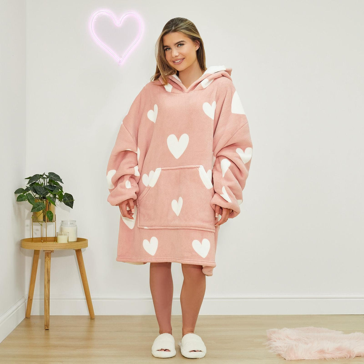 OHS Heart Print Hoodie Blanket Oversized Adult Fleece Sherpa Throw Jumper