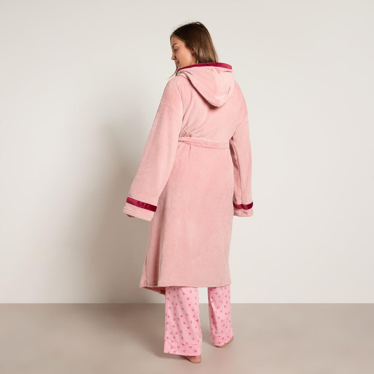OHS Piped Edge Dressing Gown Flannel Fleece Winter Loungewear Hooded Bathrobe