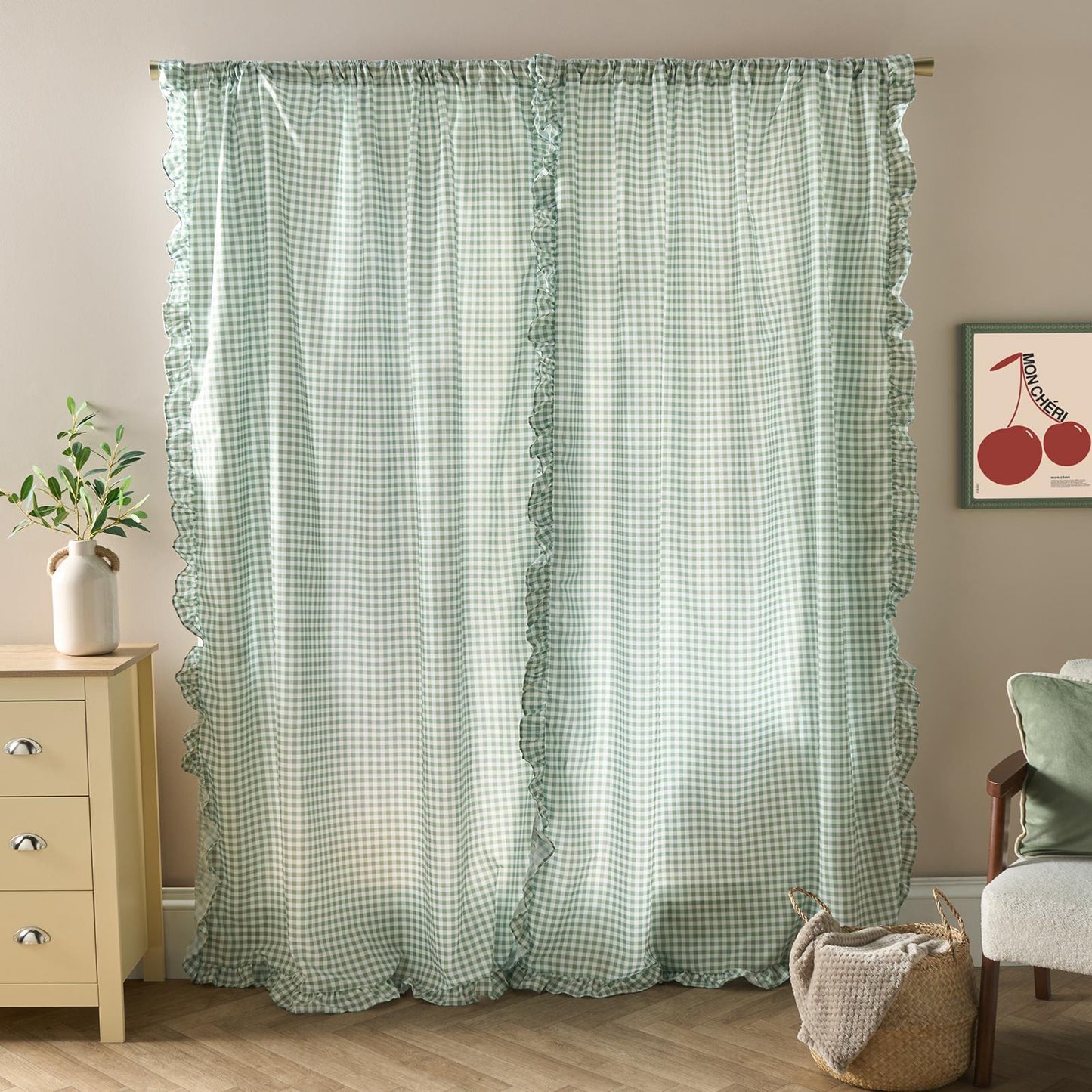 OHS Gingham Frill Voile Net Curtains 2 Window Panels Sheer Rod Slot Top Pair Set
