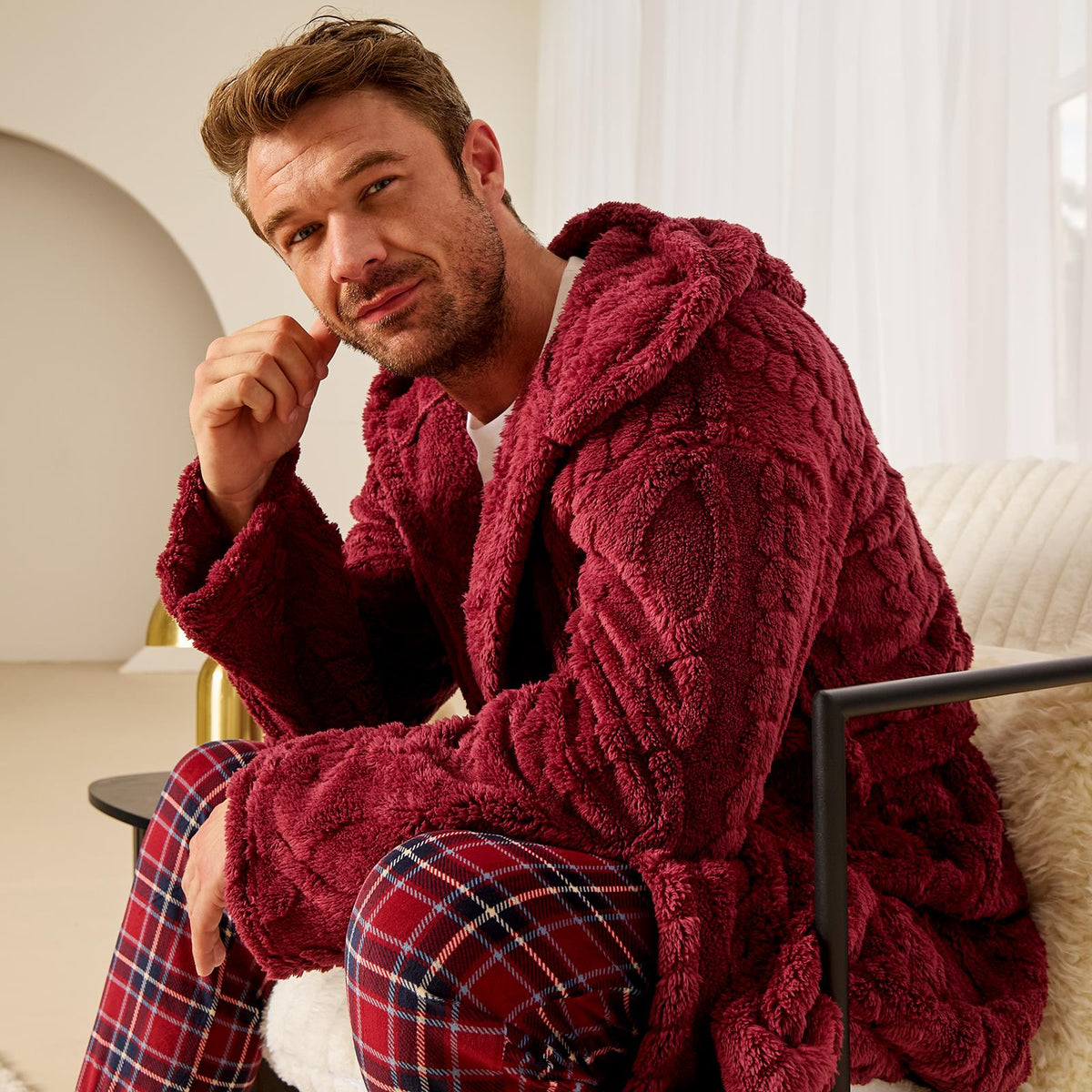 OHS Cable Knit Dressing Gown Flannel Fleece Winter Loungewear Hooded Bathrobe