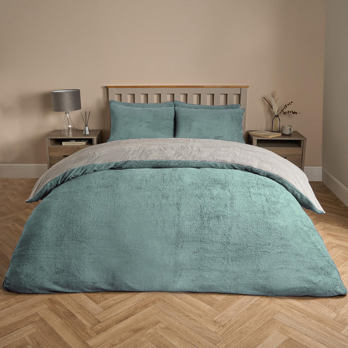 OHS Reversible Teddy Fleece Duvet Cover with Pillowcase Bedding Set Grey