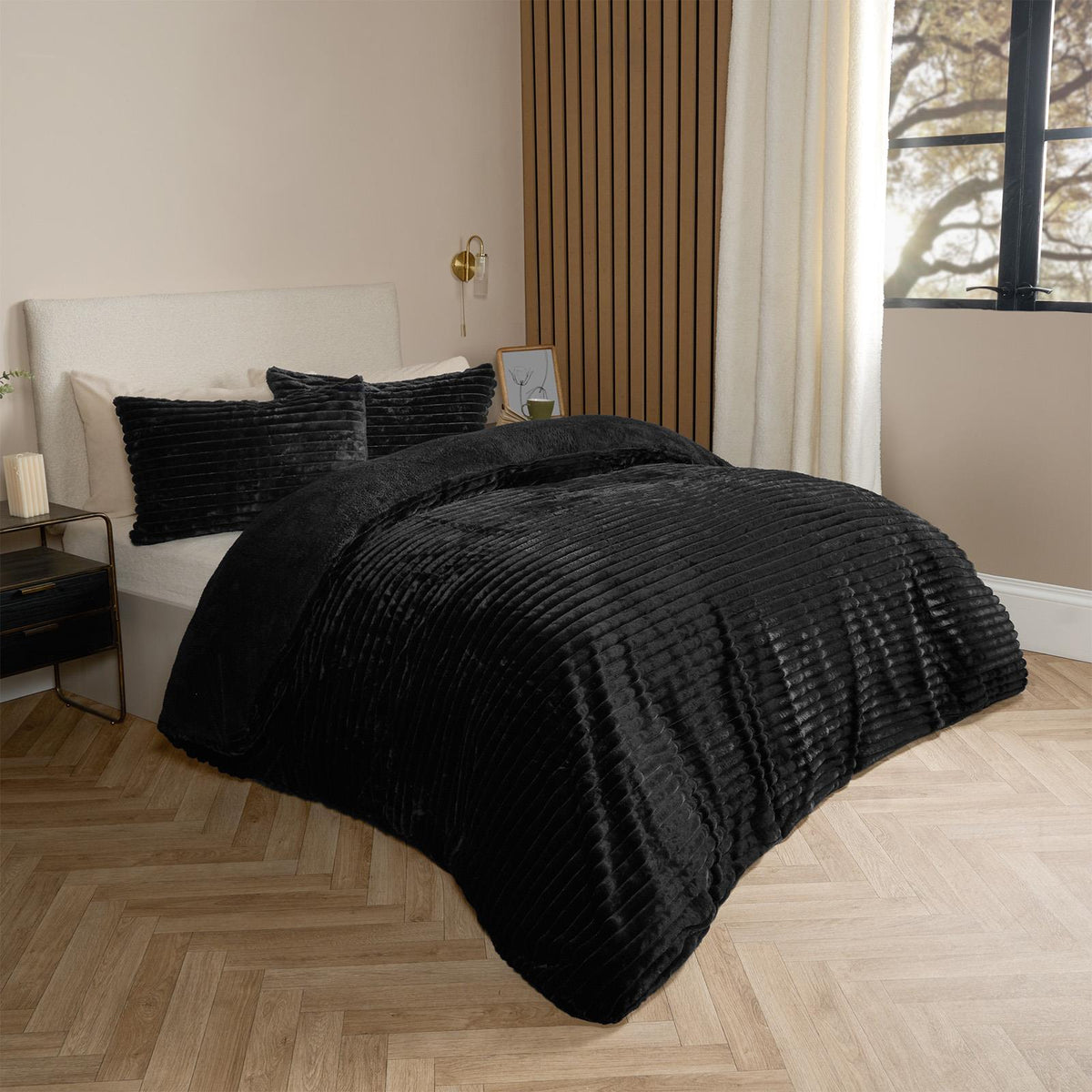 OHS Ribbed Fleece Bedding Set Soft Faux Fur Thermal Duvet Cover with Pillowcase