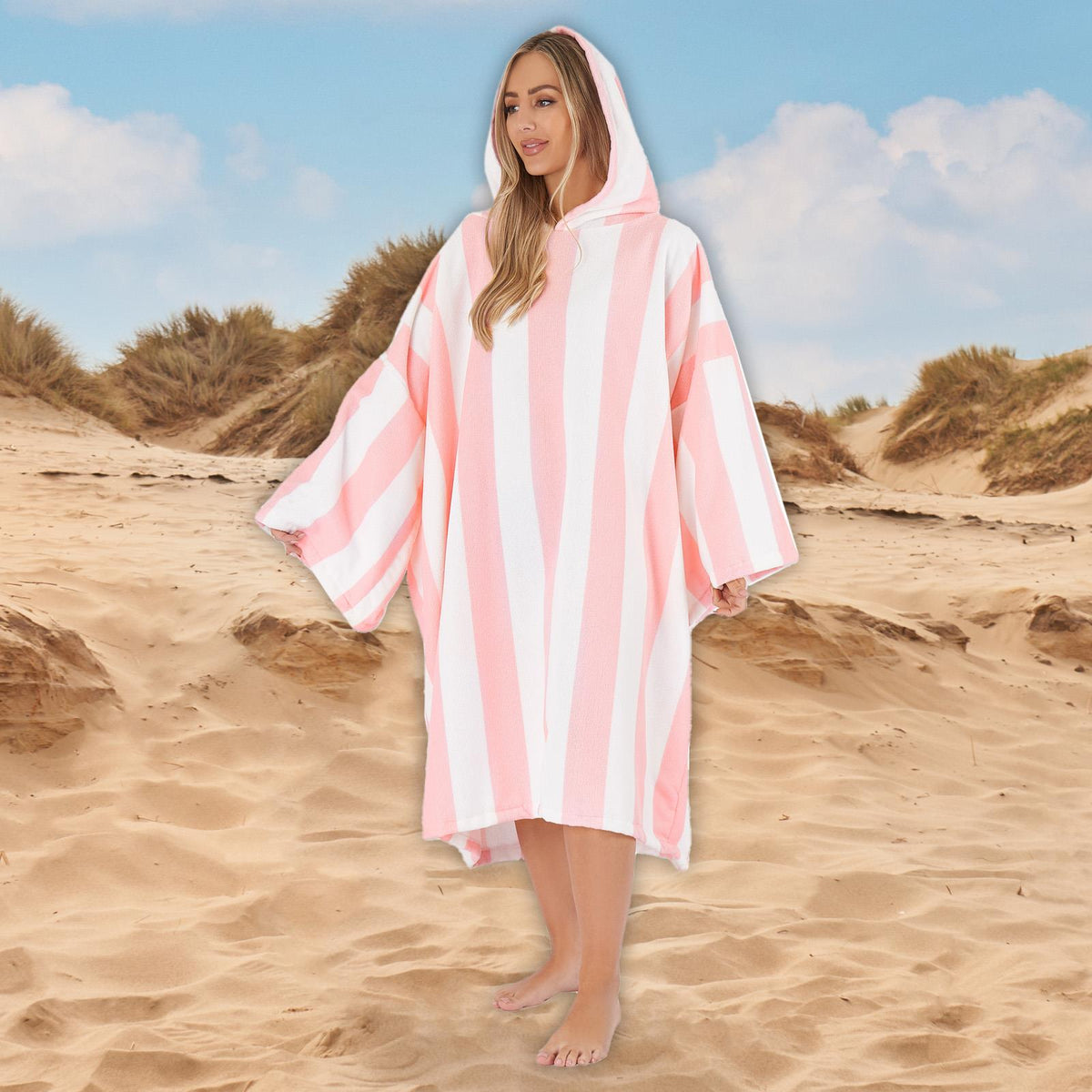 Dreamscene Stripe Hooded Poncho Towel Adult Bath Swimming Beach Changing Robe