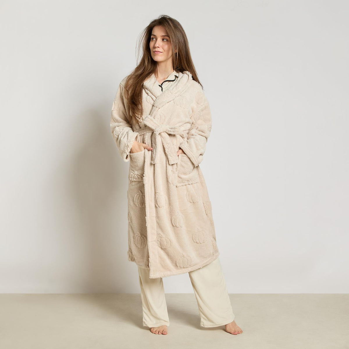 OHS Tufted Dressing Gown Soft Fleece Robe Thermal Bathrobe Hooded Loungewear