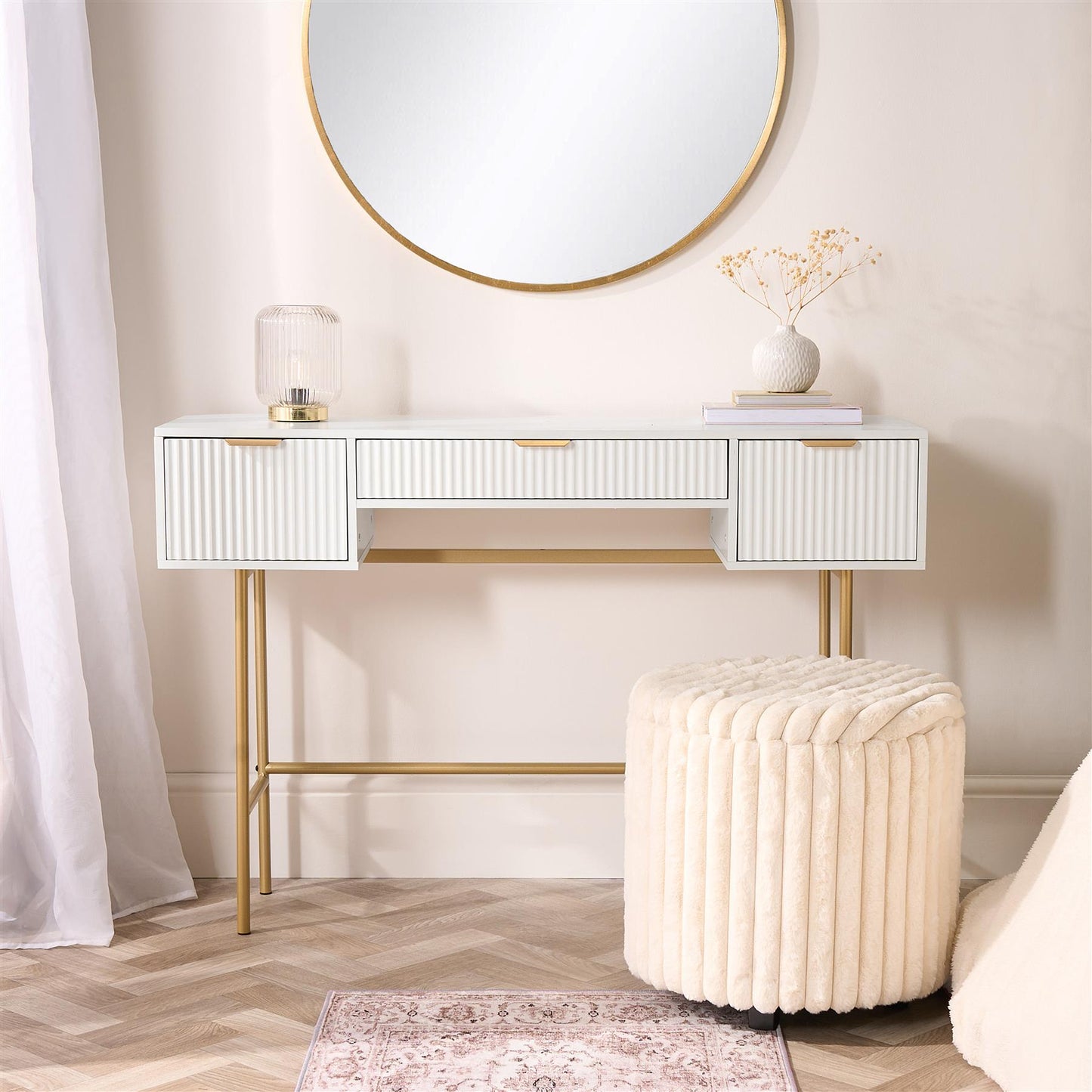 OHS Ribbed Dressing Table Engineered Wood Makeup Vanity Desk with 3 Drawers