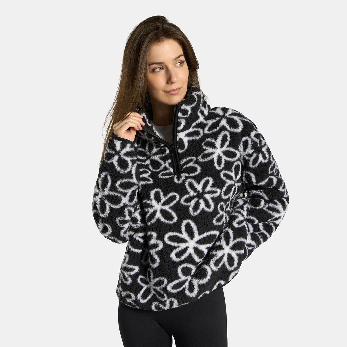 OHS Print Teddy Fleece Half Zip Jumper Womens Pullover Sweatshirt Long Sleeve
