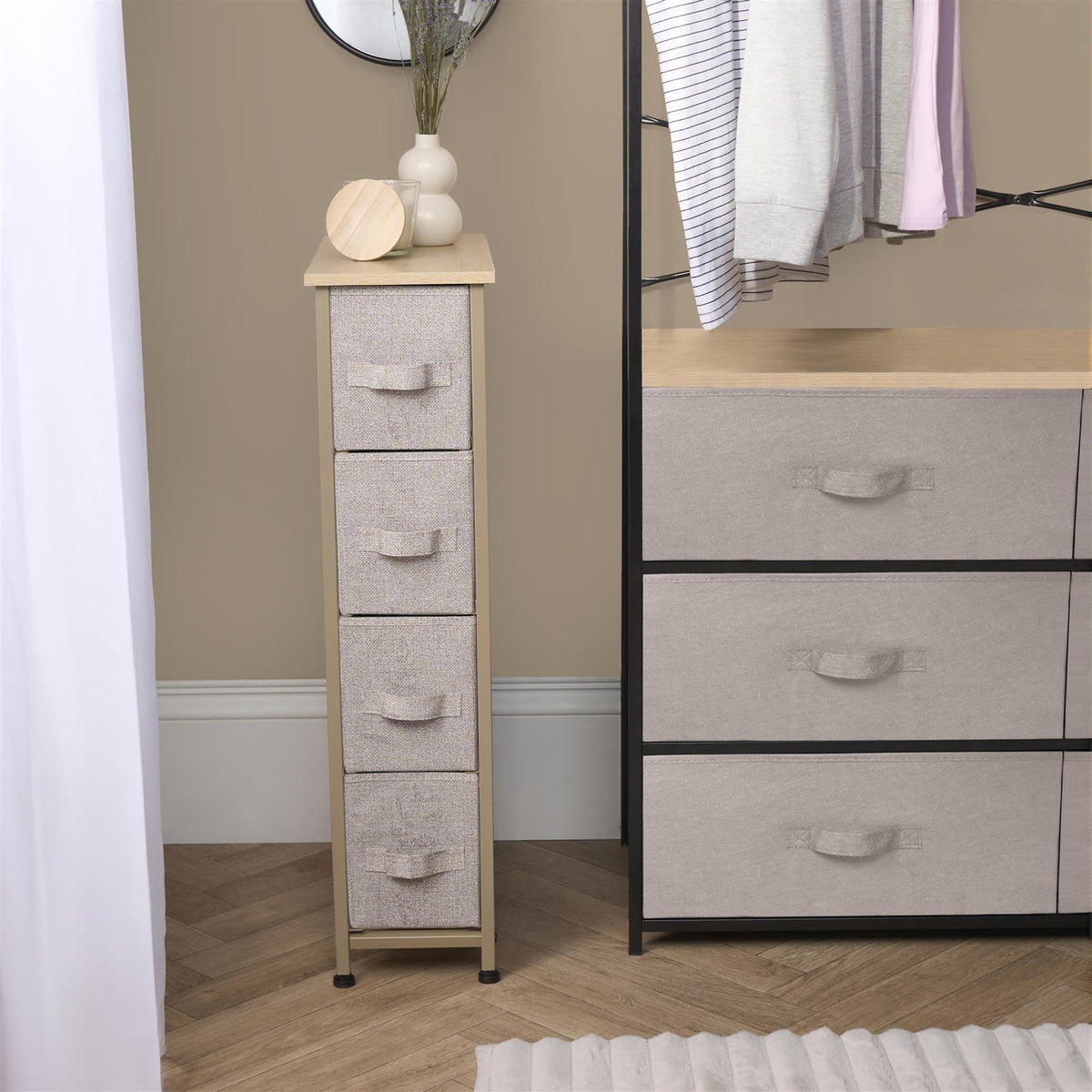 Narrow 4 Drawer Storage Cabinet Bedside Table Unit Clothes Home Fabric Organiser