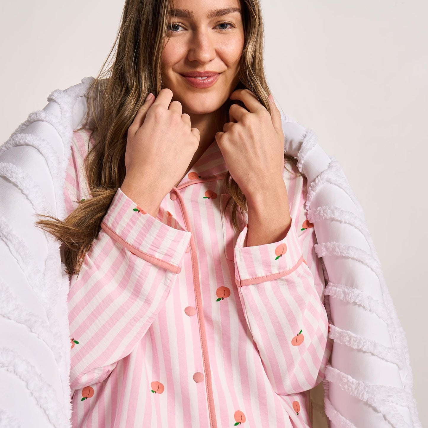 OHS Stripe Pyjama Set Womens Seersucker Button Through Soft Nightwear Loungewear