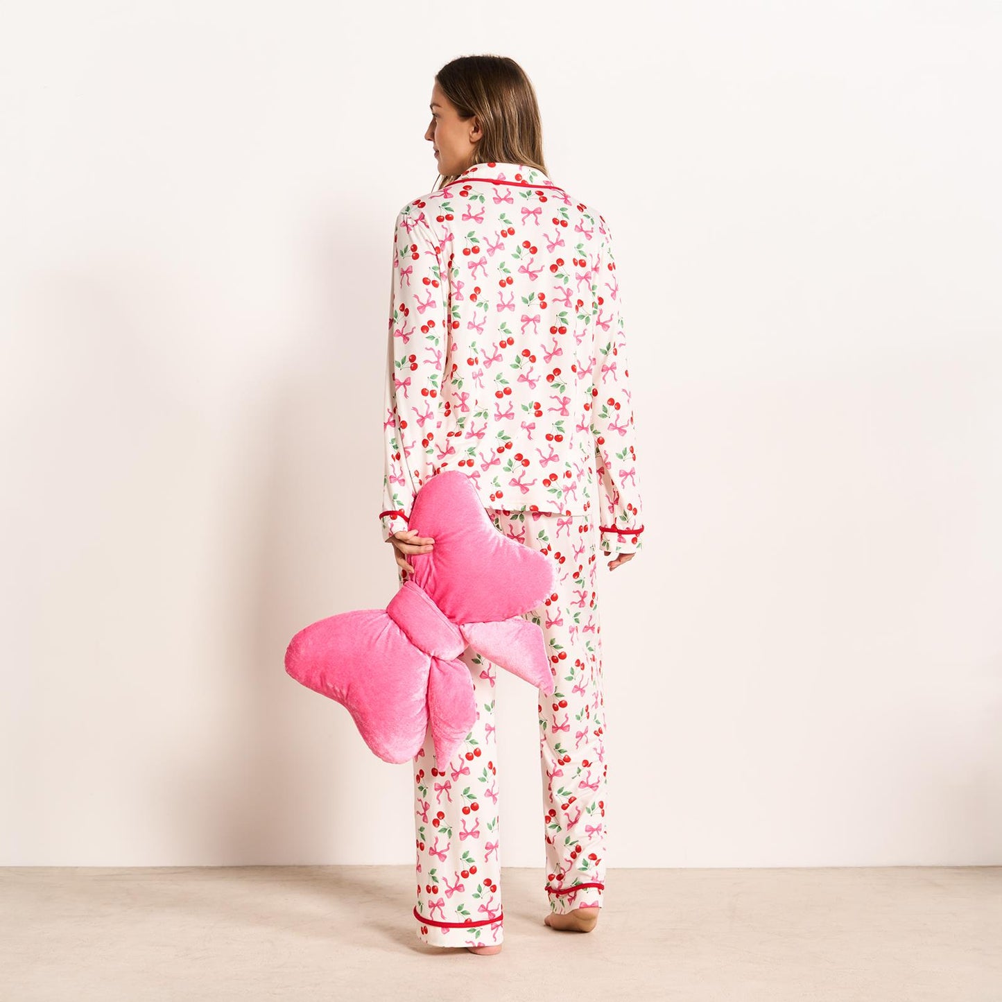 OHS Bows Pyjama Set Womens Jersey Button Through Soft Nightwear Loungewear