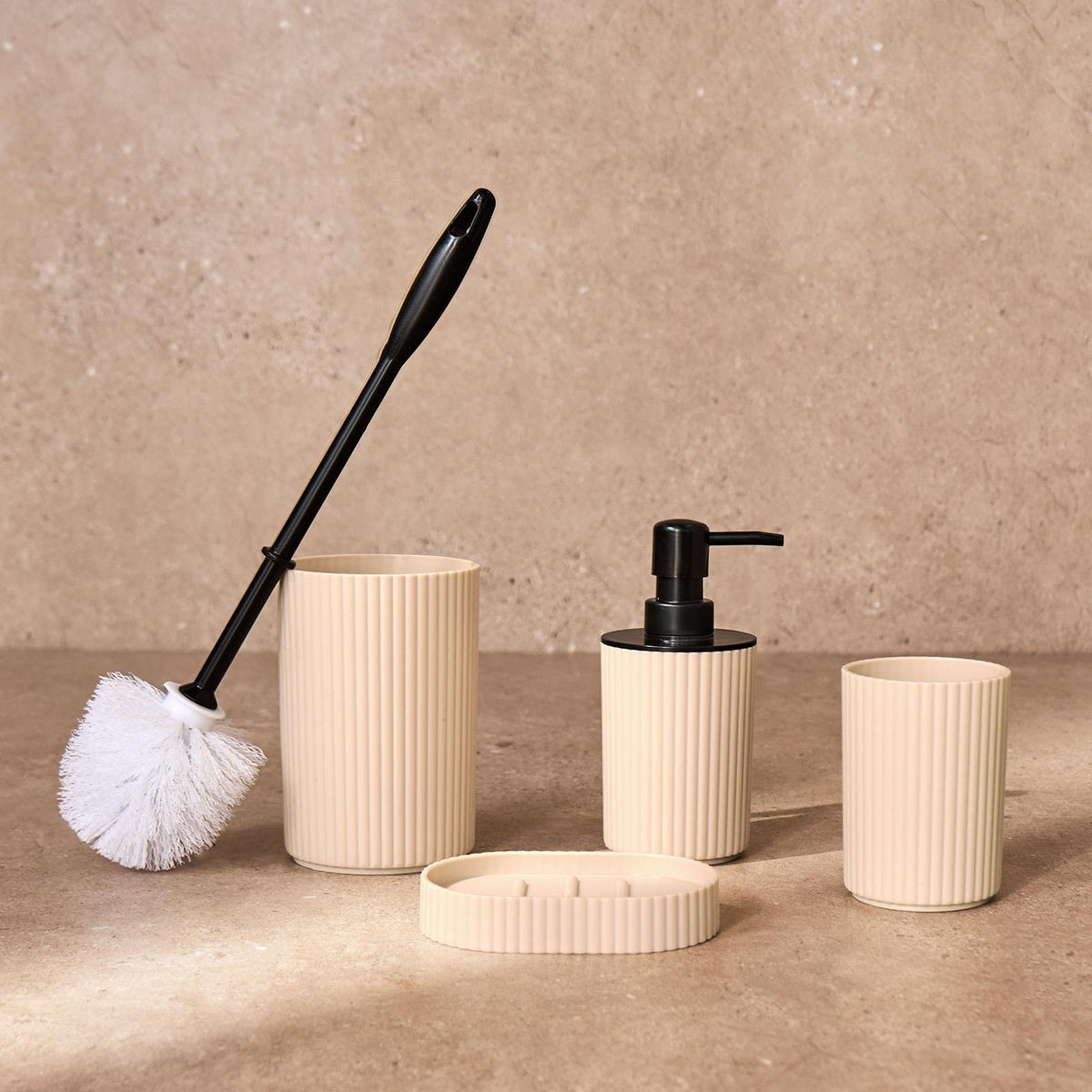 Bathroom Accessories 4 Piece Set Ribbed Soap Dispenser Holder Tumbler Toothbrush