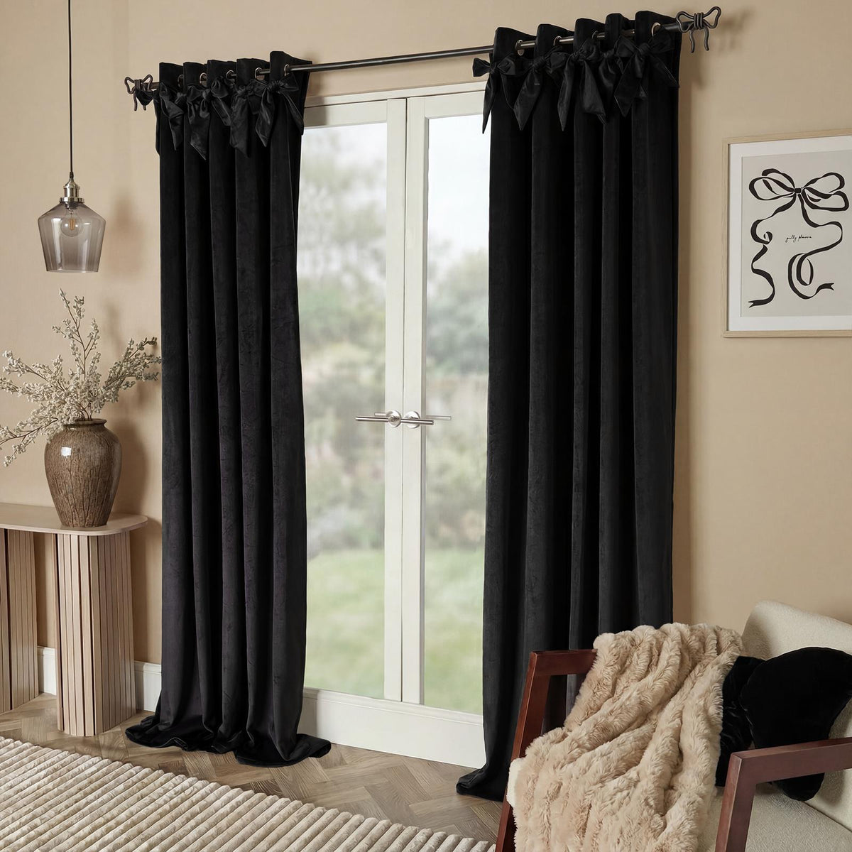 OHS Velvet Eyelet Curtains Bow Decor 2 Pair Of Ready Made Luxury Thick Ring Top