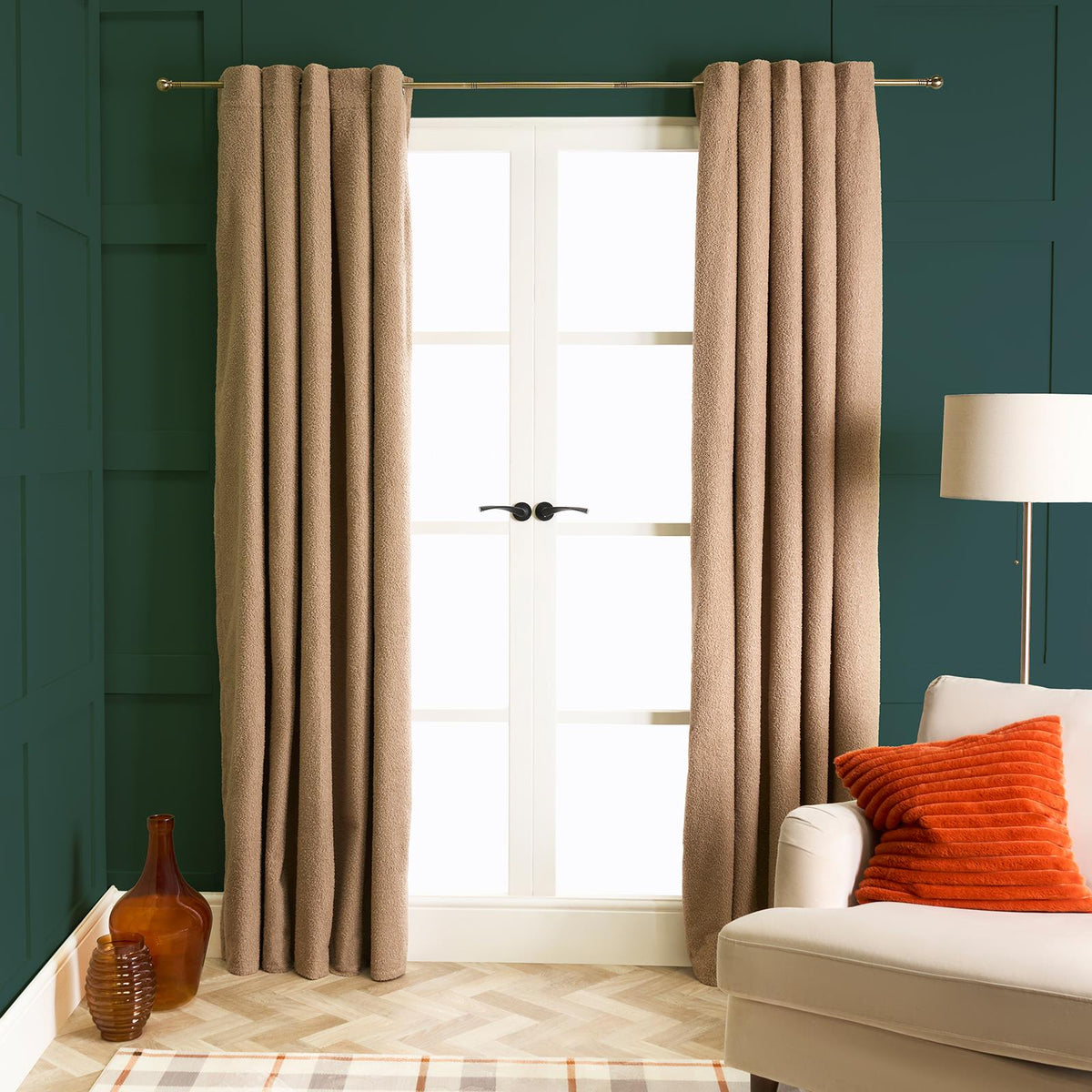 OHS Boucle Eyelet Curtains Blackout Pair Ready Made Ring Top Energy Saving