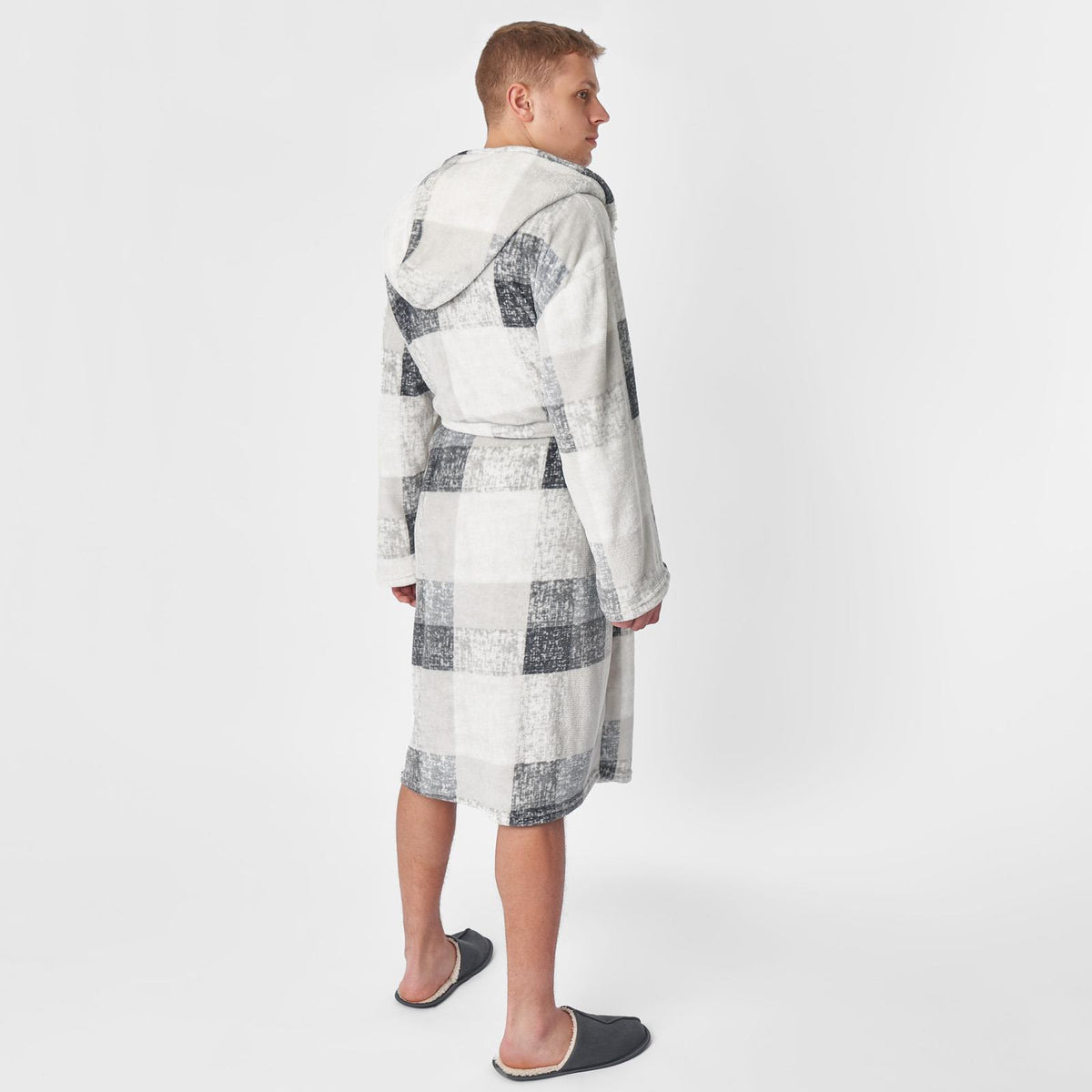 Dreamscene Check Hooded Dressing Gown Soft Flannel Fleece Unisex Sherpa Bathrobe