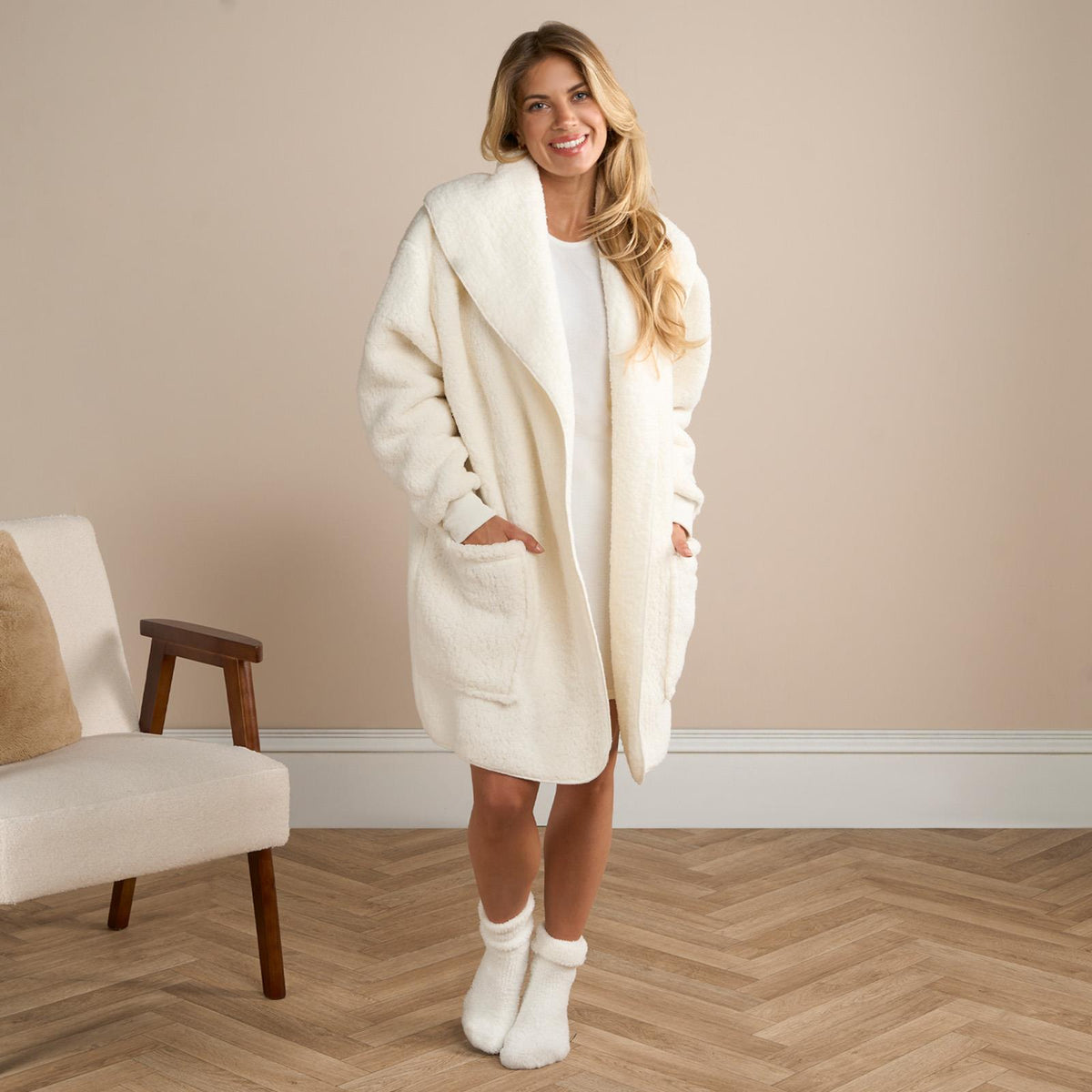 OHS Waterfall Cardigan Warm Teddy Fleece Open Front Wrap Loungewear Outwear