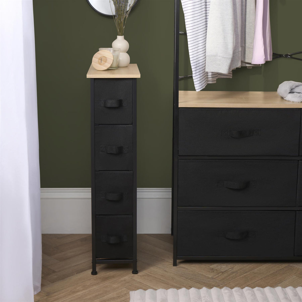 Narrow 4 Drawer Storage Cabinet Bedside Table Unit Clothes Home Fabric Organiser