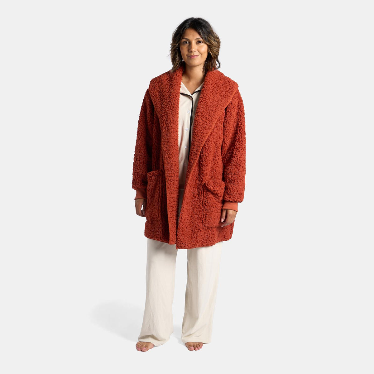 OHS Waterfall Cardigan Warm Teddy Fleece Open Front Wrap Loungewear Outwear