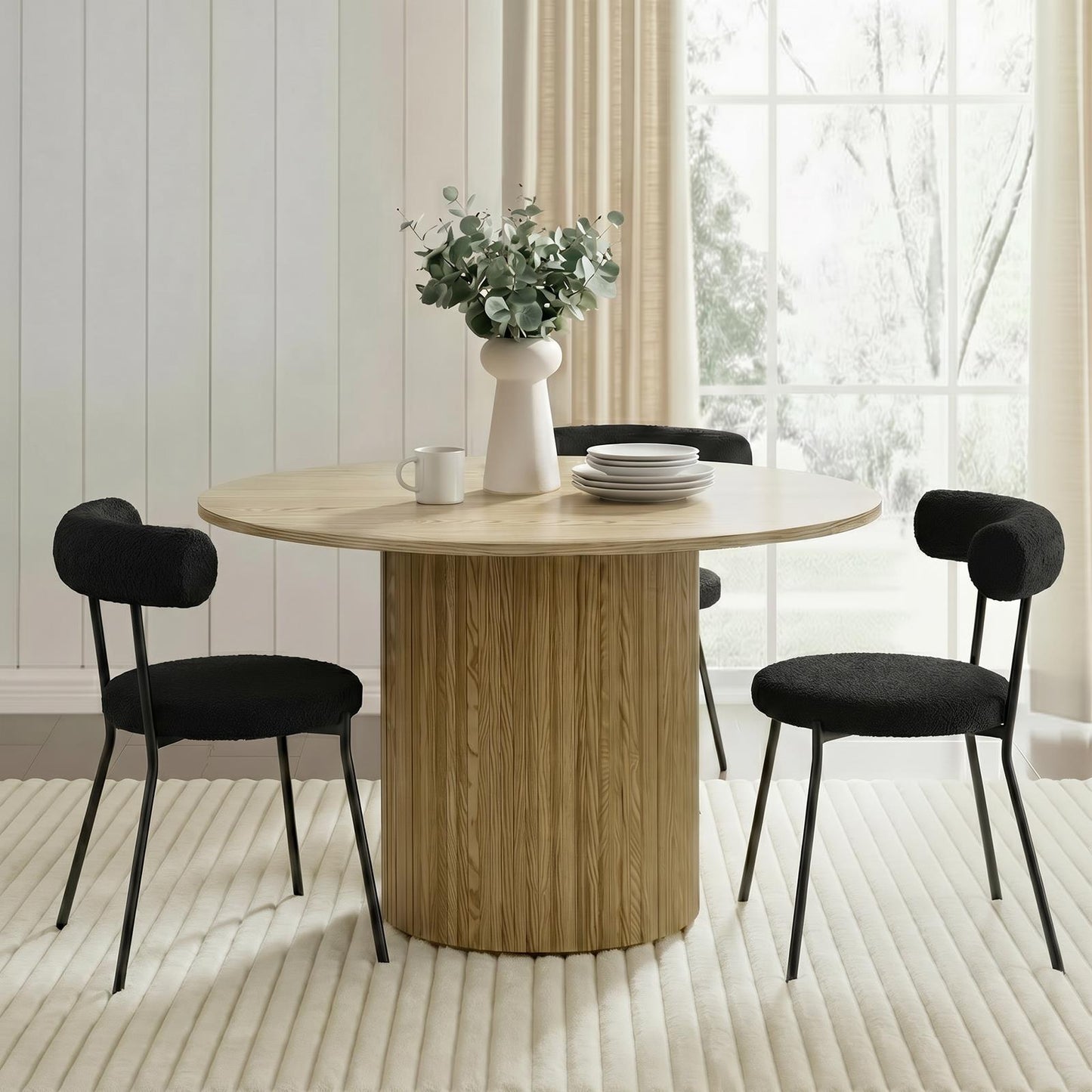 OHS Madison Dining Table Ribbed Wood Effect Round Kitchen Table for 4 People