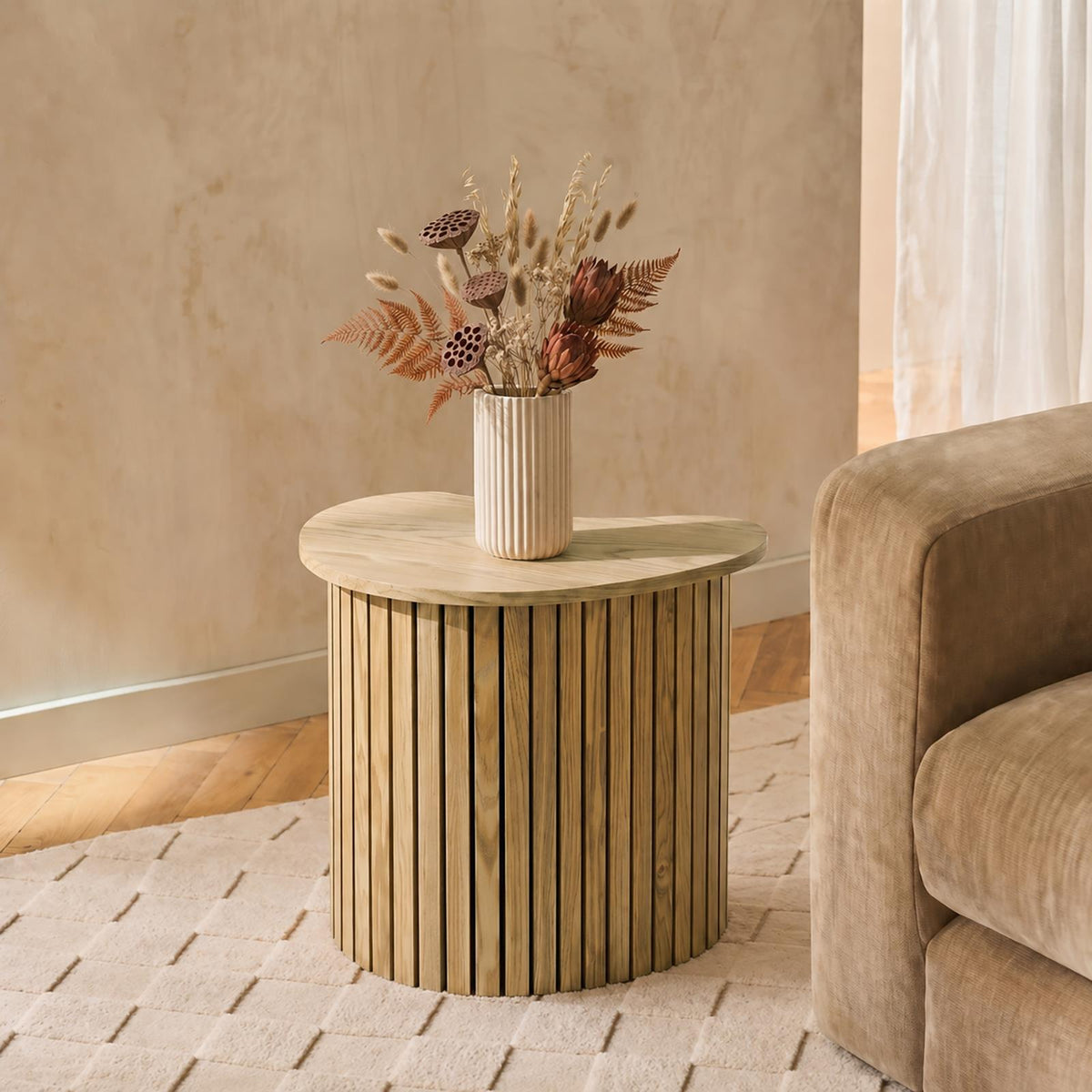OHS Madison Side Table Ribbed Wood Effect Corner Bedside Coffee Table