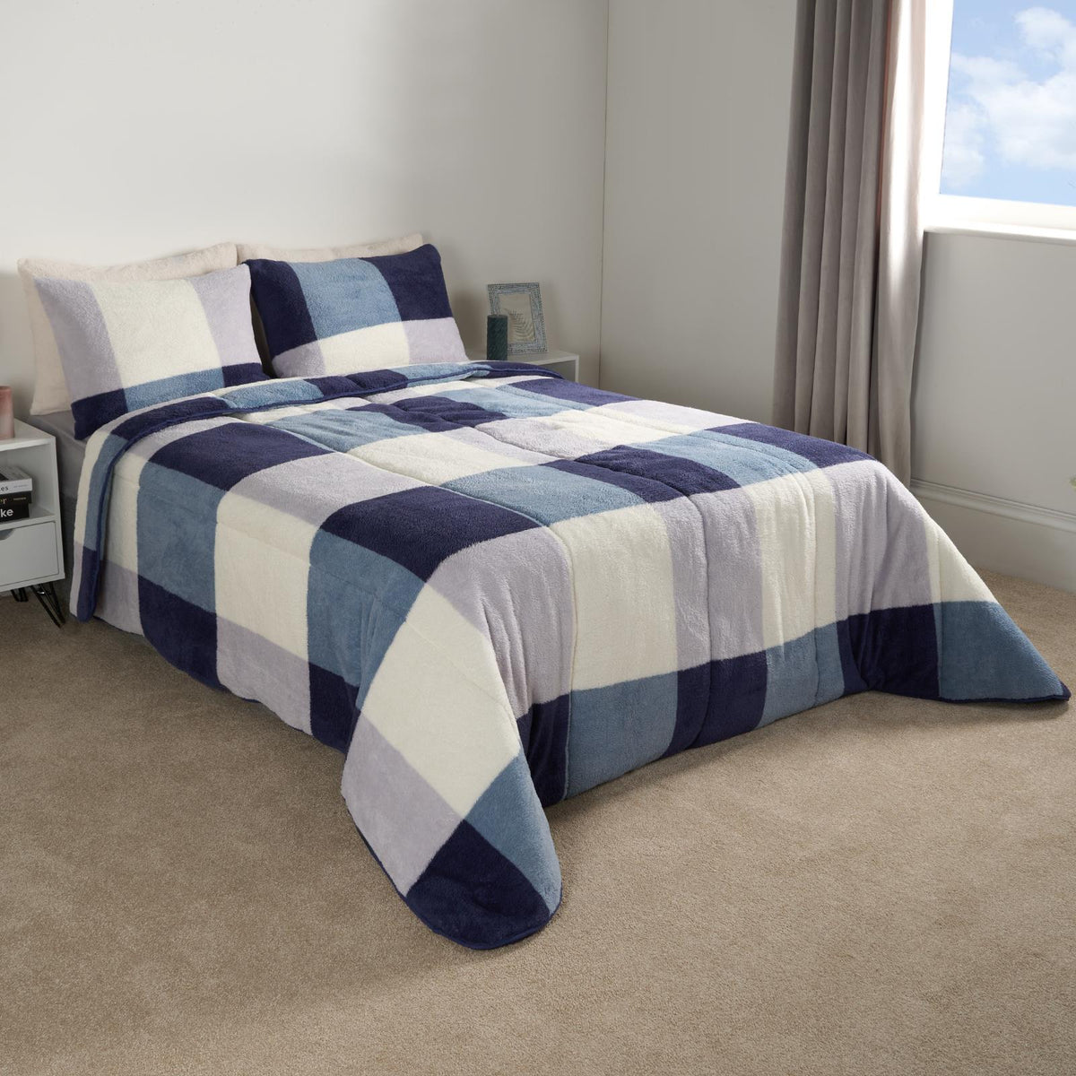 OHS Check Coverless Duvet Pillowcase Bedding Set Teddy Fleece Gingham 10.5 TOG