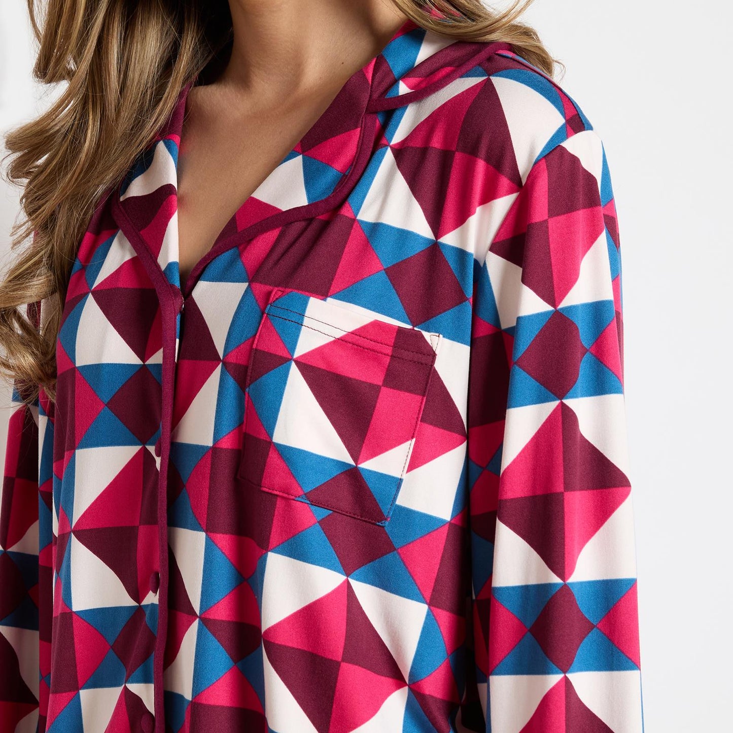 OHS Geo Print Pyjama Set Jersey Button Through Ultra Soft Nightwear Loungewear