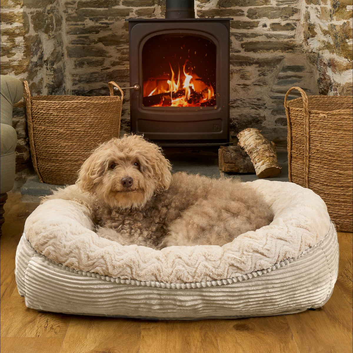 Dog Bed Washable Plush Soft Faux Fur Fleece Ribbed Pet Basket Cushion Warm Cosy
