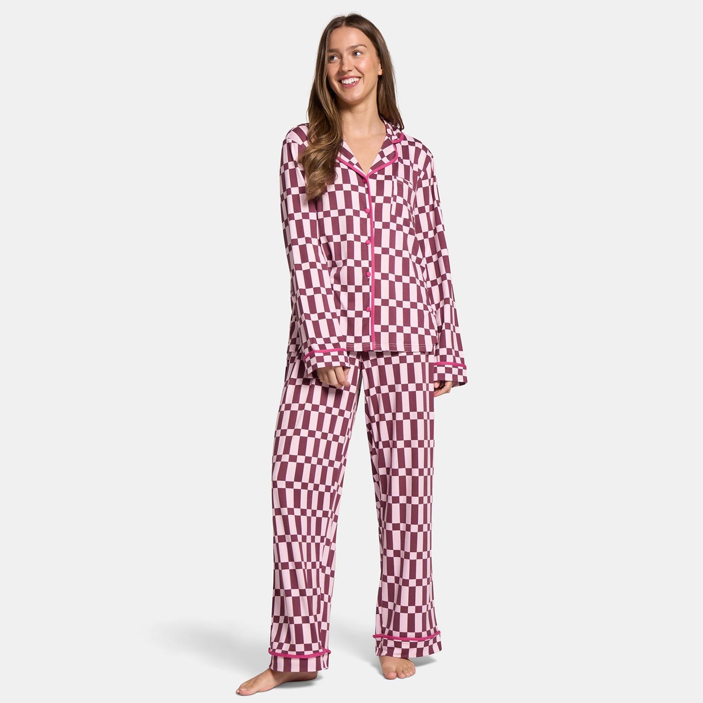 OHS Printed Piped Pyjama Set Jersey Button Through Nightwear Loungewear