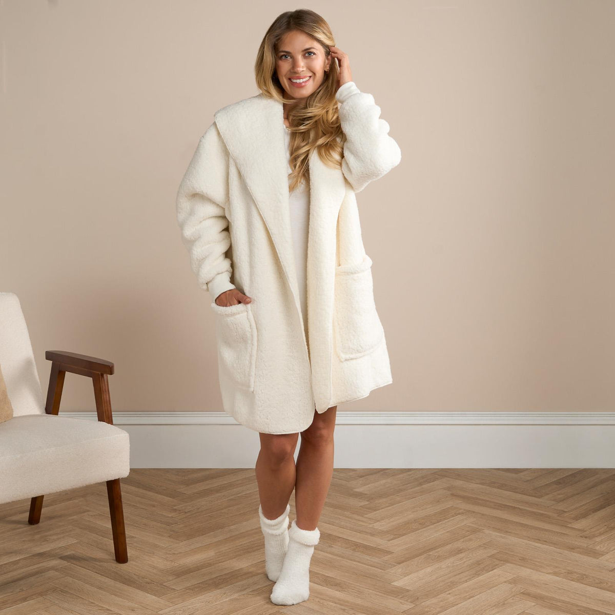 OHS Waterfall Cardigan Warm Teddy Fleece Open Front Wrap Loungewear Outwear