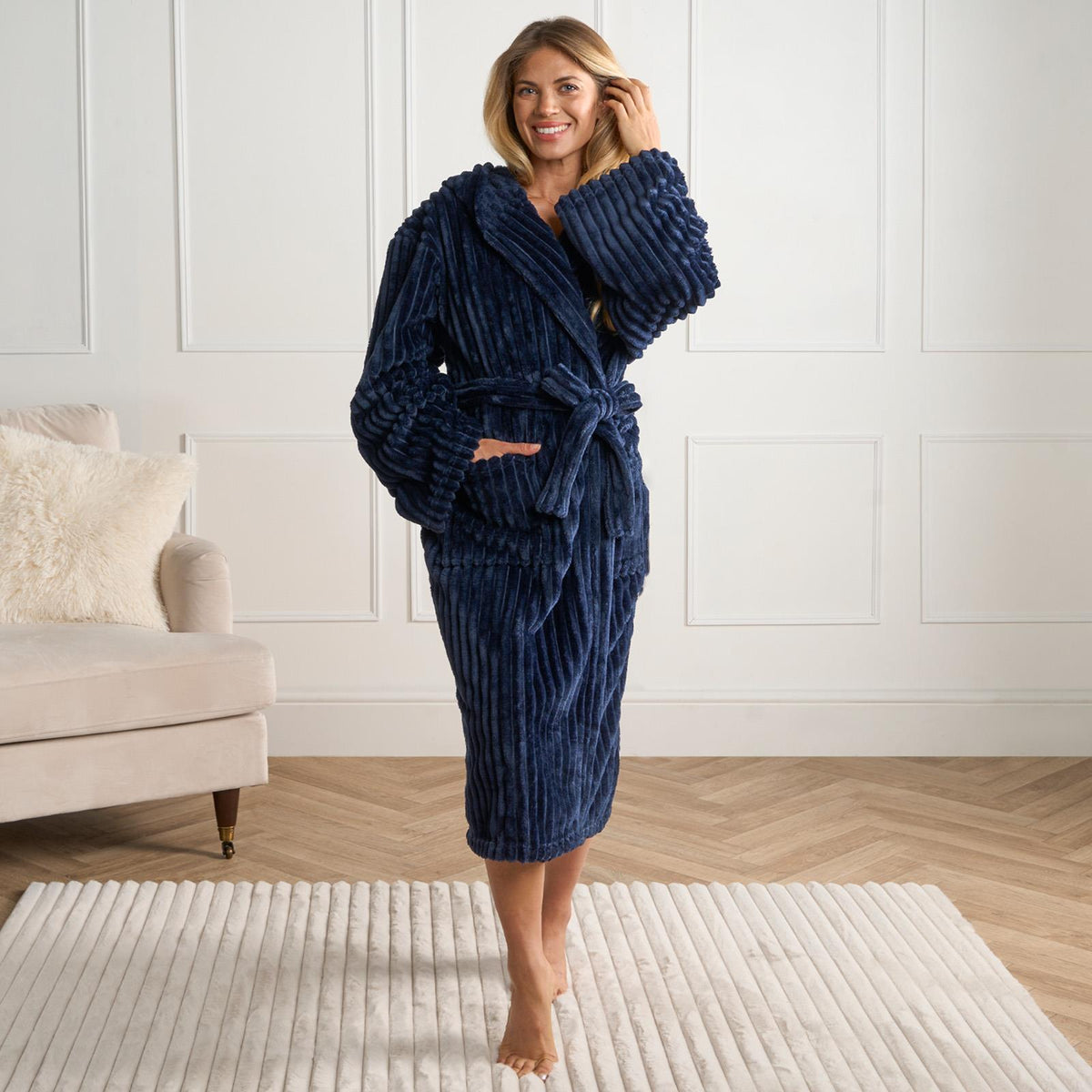 OHS Ribbed Fleece Dressing Gown Luxury Warm Supersoft Loungewear Ladies Robe
