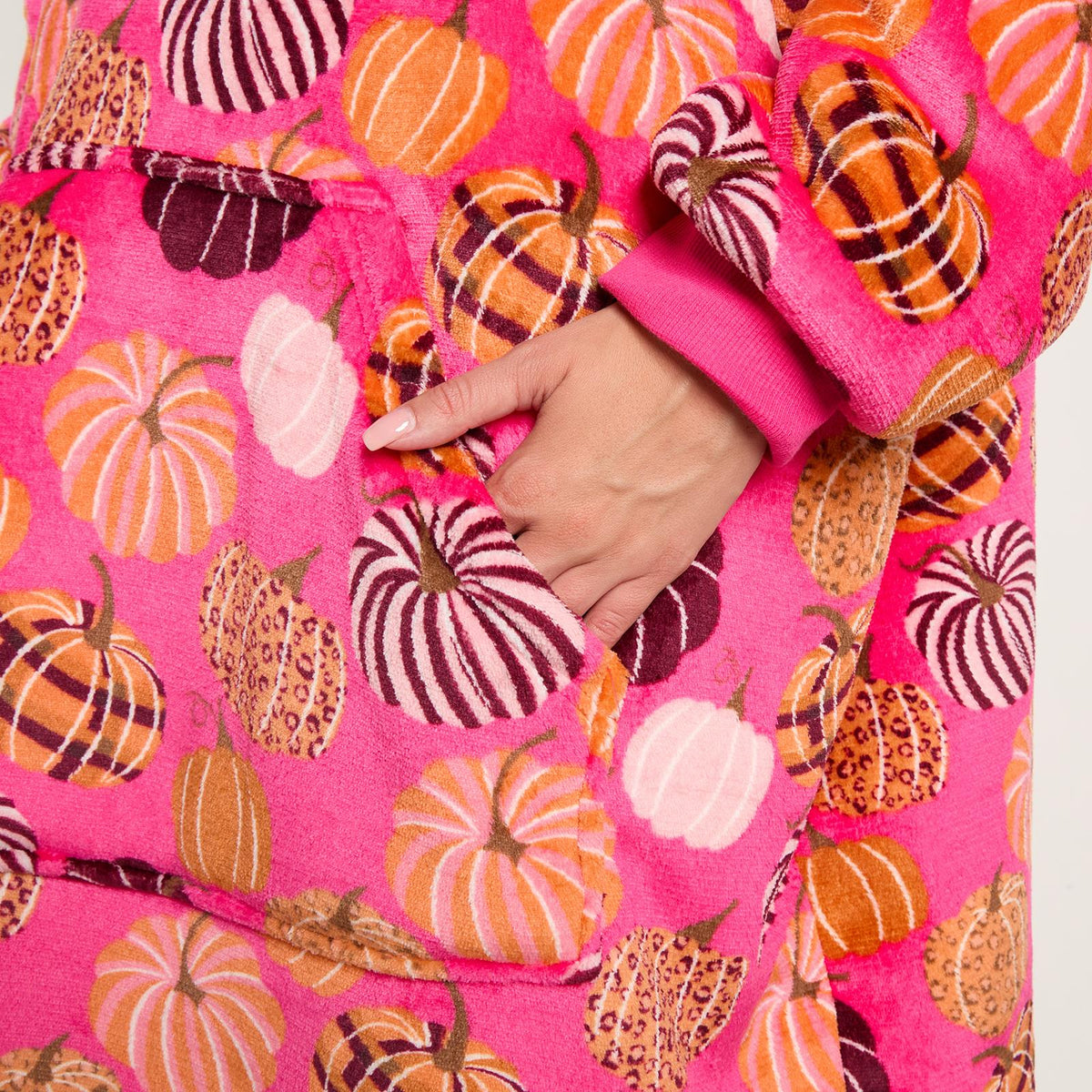 OHS Autumn Hoodie Blanket Pumpkin Prints Fleece Wearable Throw Sherpa