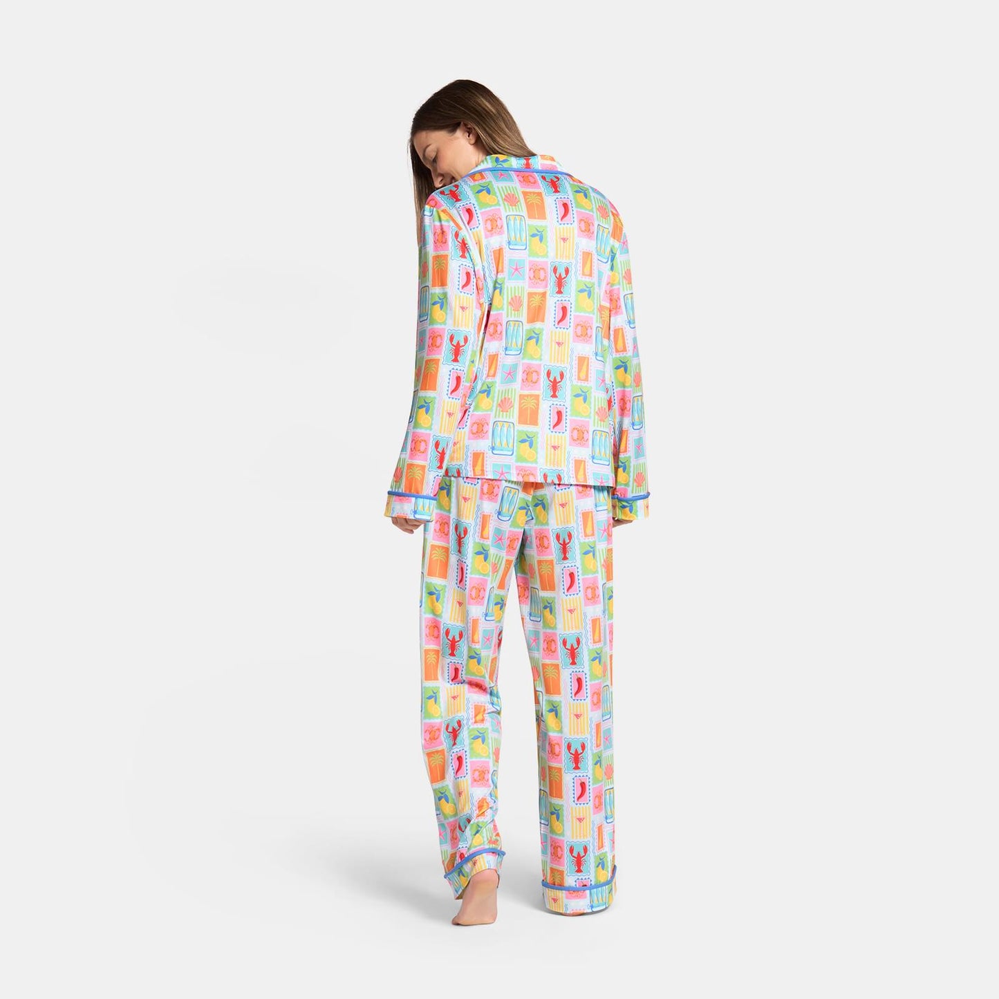 OHS Postcards Print Pyjama Set Womens Jersey Button Through Nightwear Loungewear