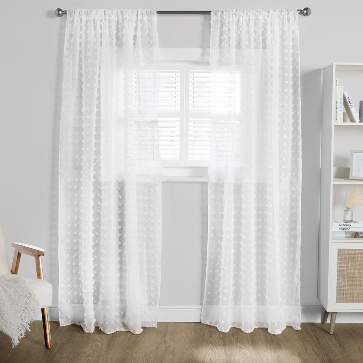OHS Pompom Tufted Voile Net Curtains Pair 2 Window Panels Slot Top Set 55" Wide
