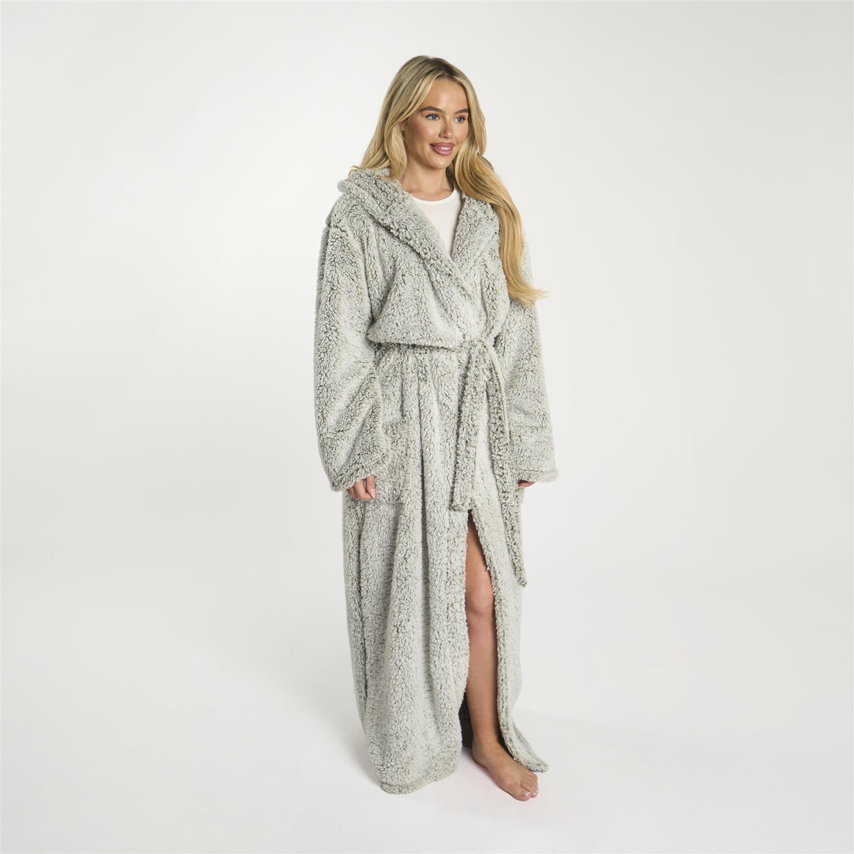 OHS Teddy Marl Fleece Soft Adults Dressing Gown Unisex Full-Length Robe