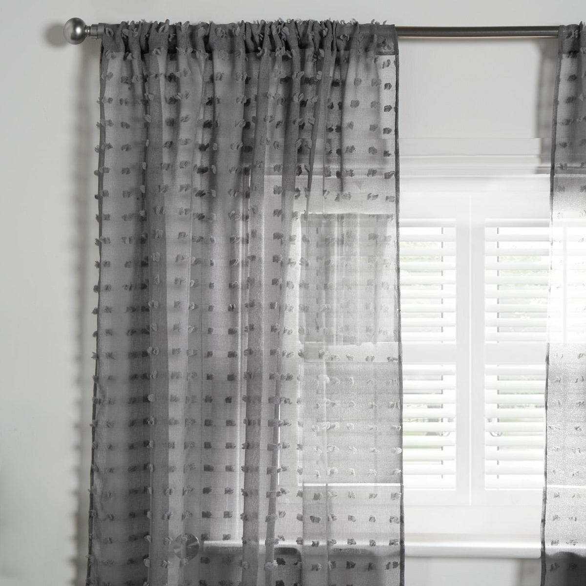 OHS Pompom Tufted Voile Net Curtains Pair 2 Window Panels Slot Top Set 55" Wide